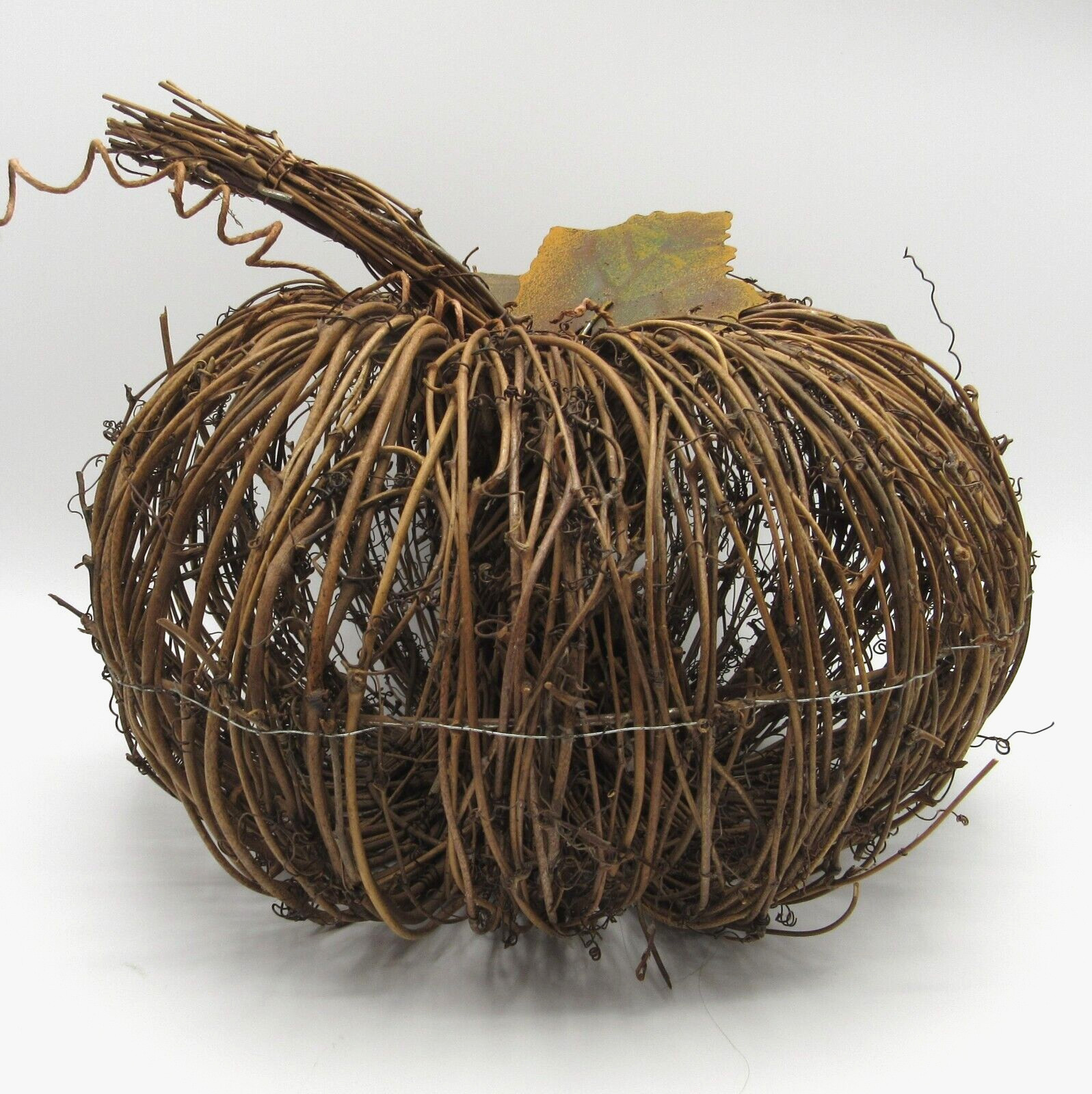 NATURAL TWIG PUMPKIN W/METAL LEAVES PRIMITIVE RUSTIC FALL HARVEST THANKSGIVNG