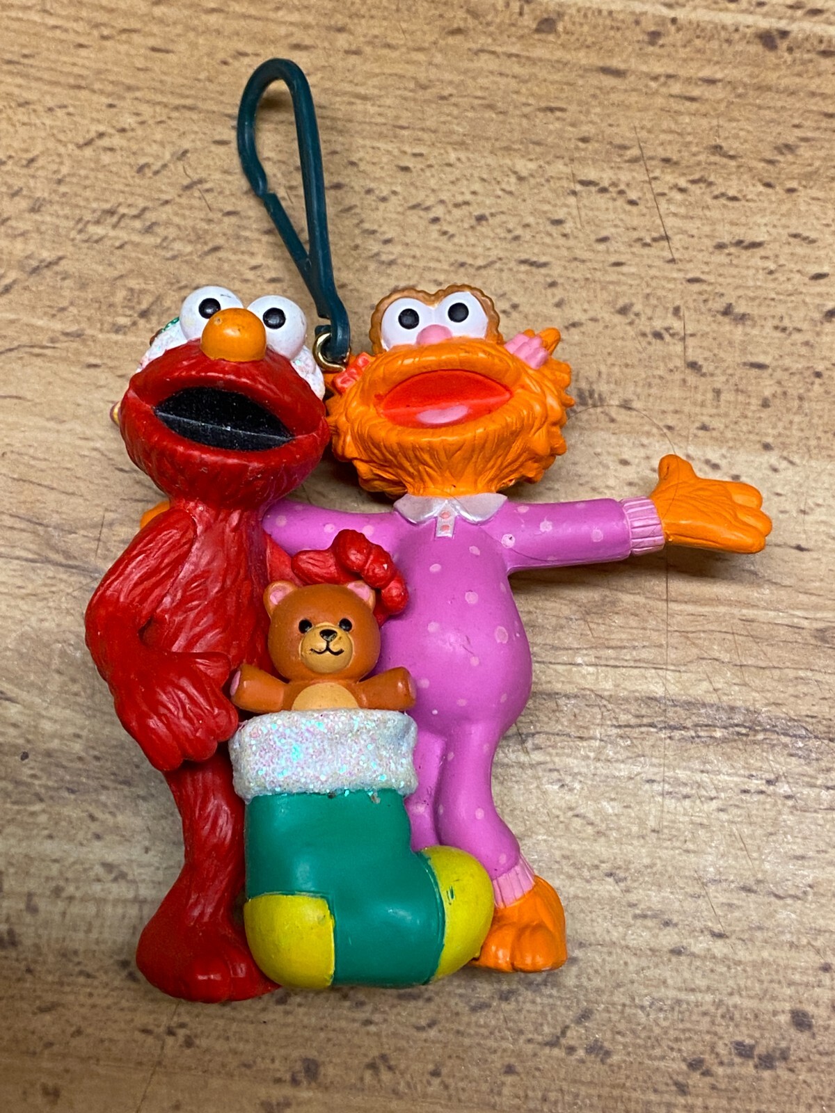 Vintage PLASTIC Sesame Street Workshop Elmo & Zoe Christmas Ornament 3"
