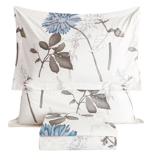  100% Cotton Floral Size Sheets Set Deep Pockets, Blue Flowers King Dahlia