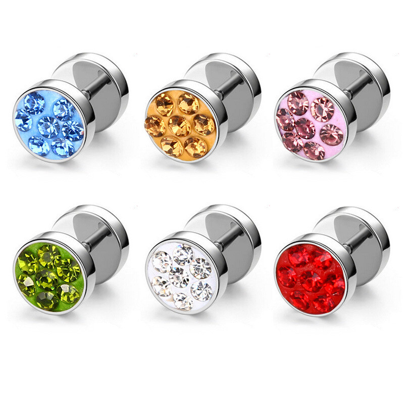 2pc Surgical Steel Fake Ear Plug Multi CZ Crystal Barbell Earrings Flesh Tunnel