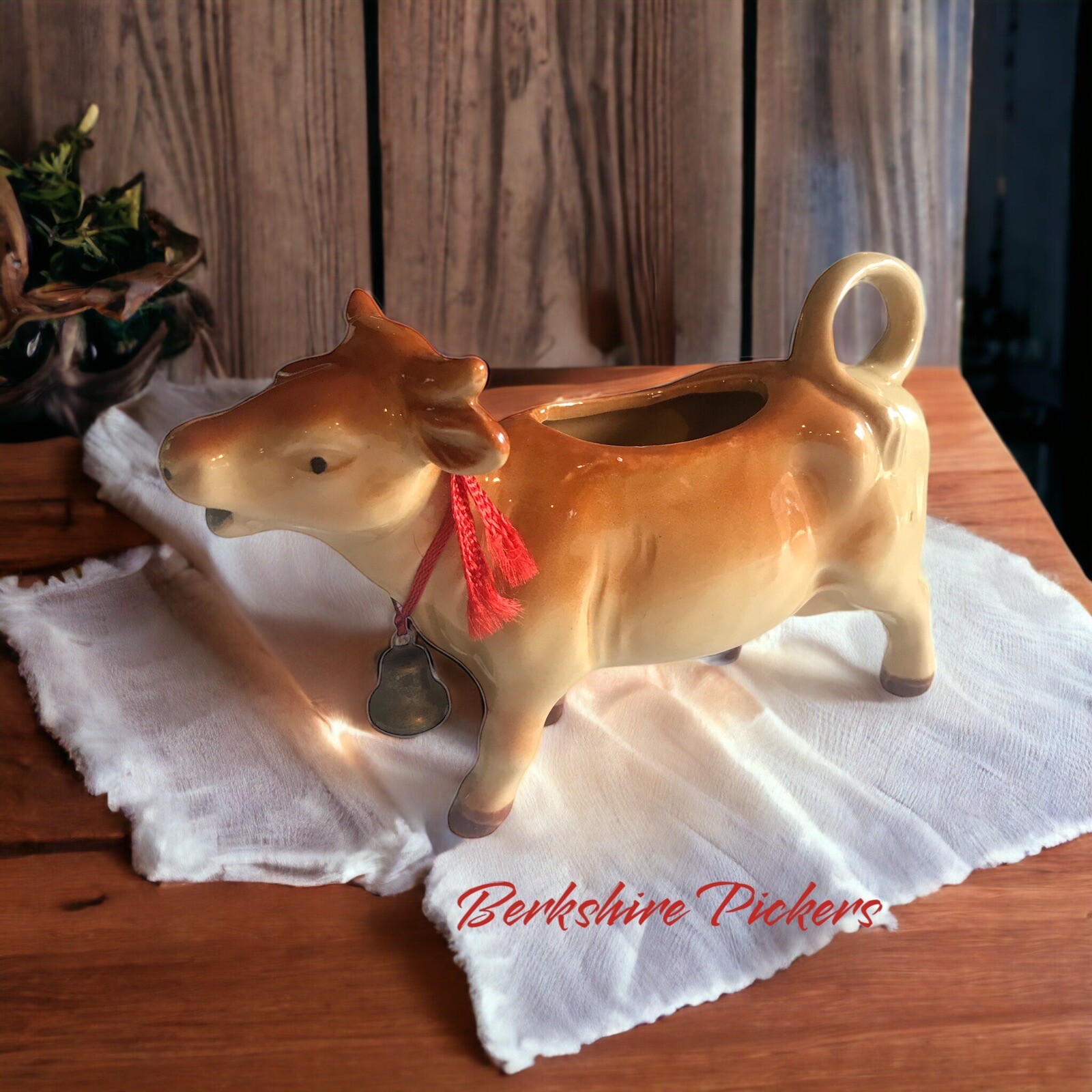 Ceramic Brown Cow with Metal Bell Creamer Japan
