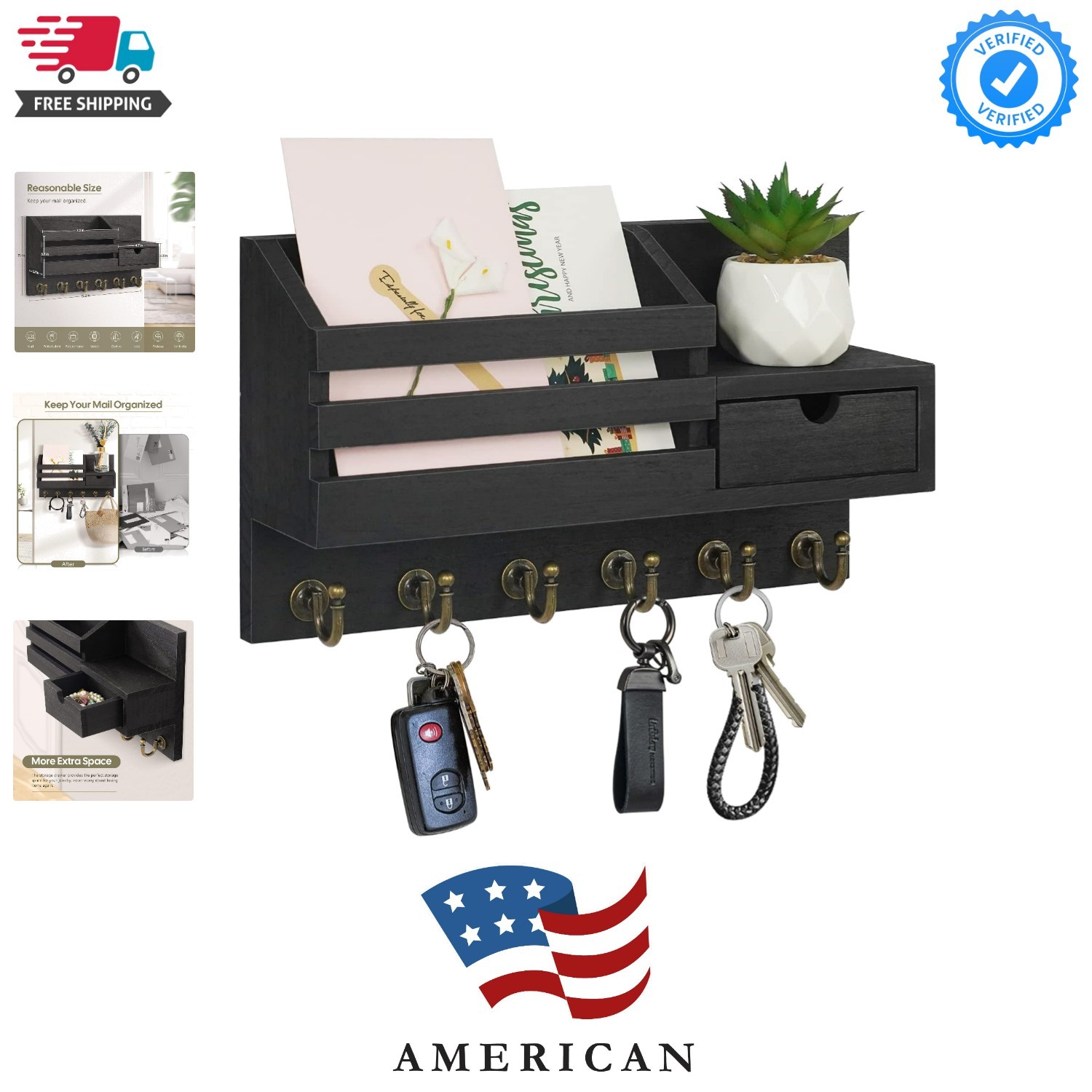 Key and Mail Holder for Wall, Mail Organizer Wall Mount with 6 Hooks and Stor...