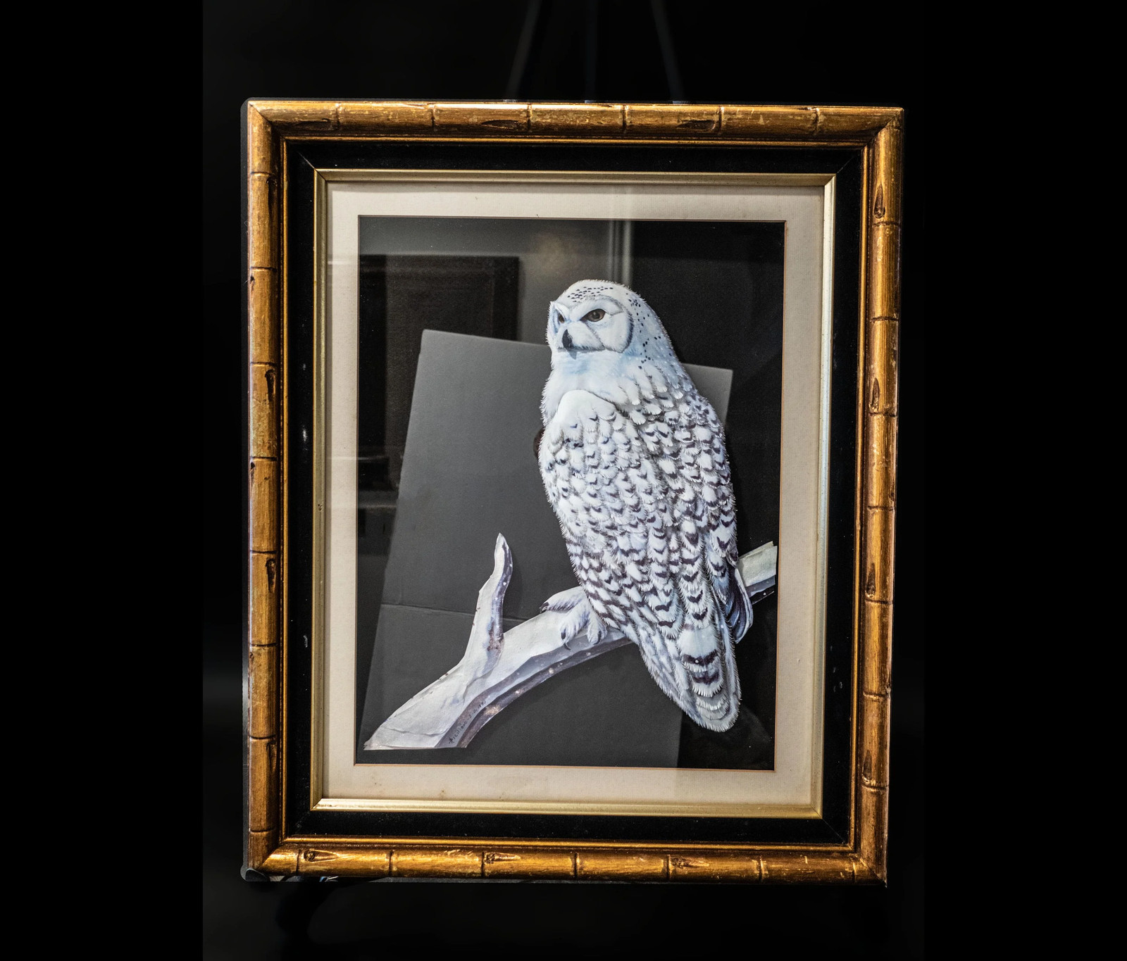 Large Vintage Paper Tole Snow Owl 3D Bamboo Framed