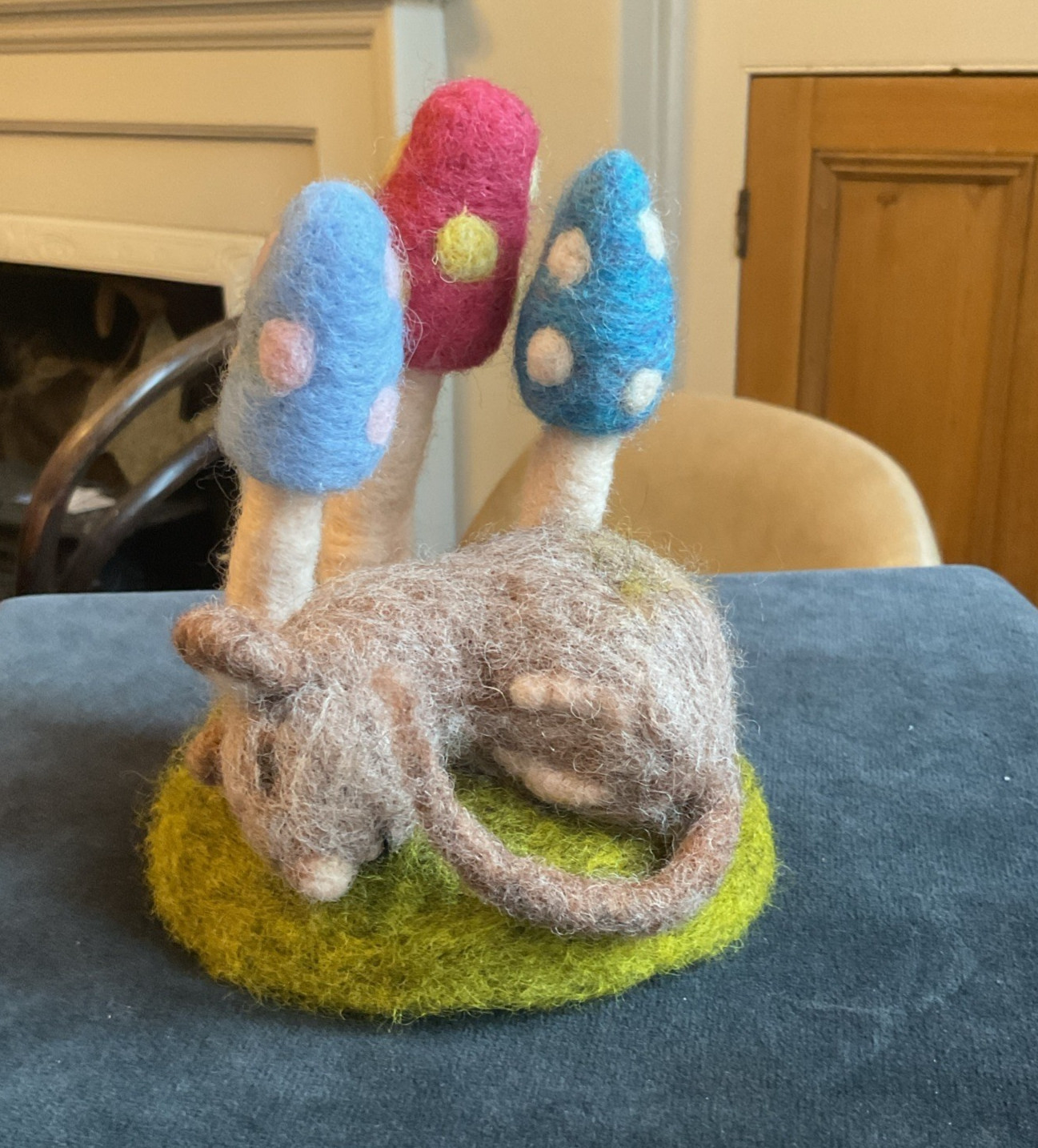 Handmade Needle Felted Wool Mouse Sleeping Under 3 Toadstools  Mushroom on Grass