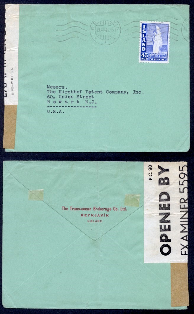 ICELAND 1941 CENSORED TO USA