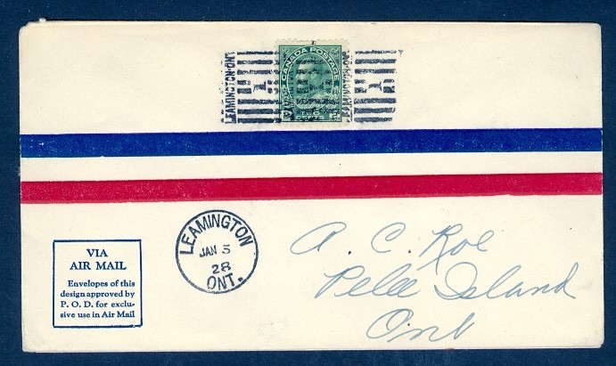 CANADA JAN 5 1928 LEAMINGTON/PELEE ISLAND ROESSLER AIRMAIL COVER