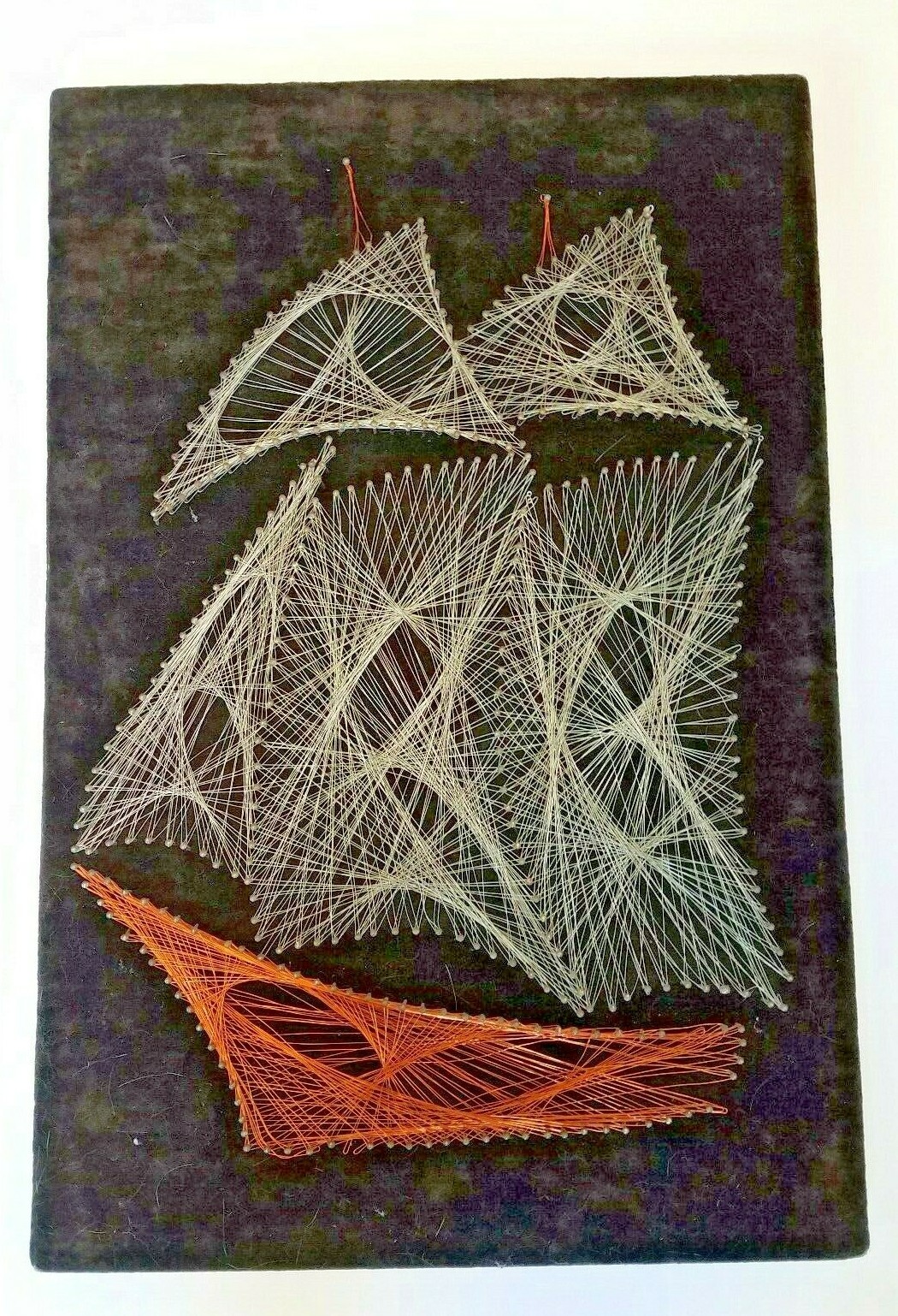 VTG 70s STRING & WIRE NAIL ART SHIP SAILBOAT 24" x 16" RETRO Faux Velvet