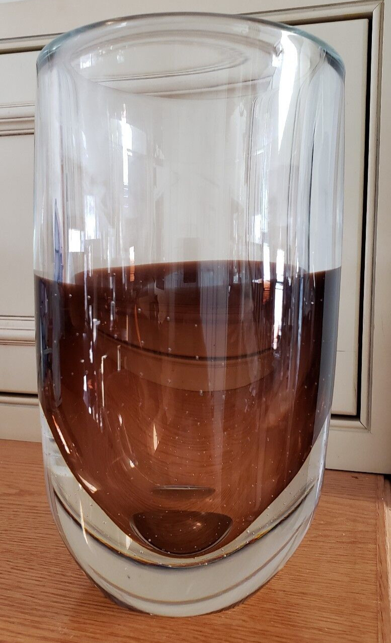 MCM * MID CENTURY MODERN THICK&HEAVY POLAND ART GLASS VASE COLORED*BUBBLE*BOTTOM