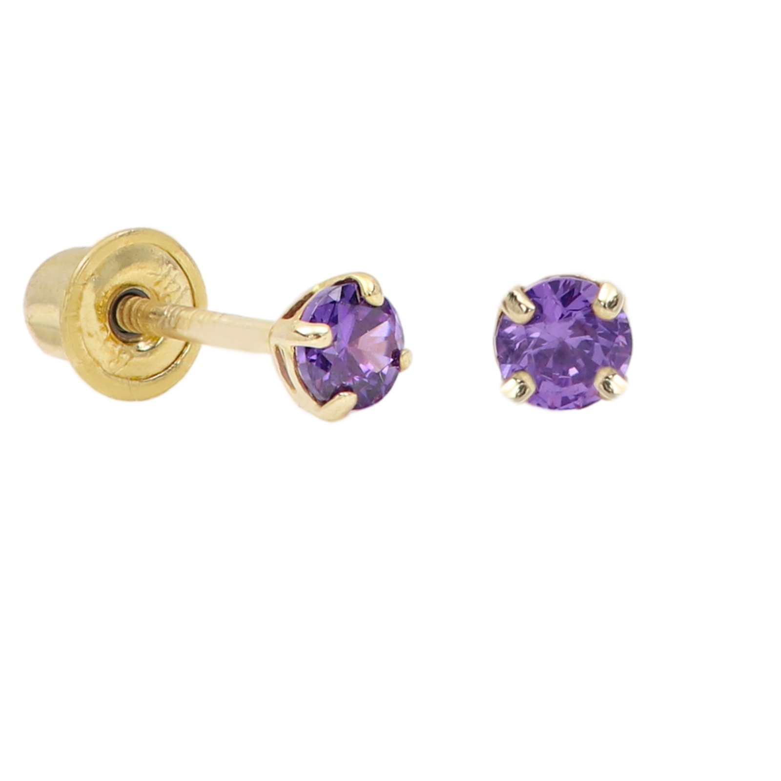 Baby Earrings Purple Cz Solid 14k Gold Screw Protective Backs (2mm)