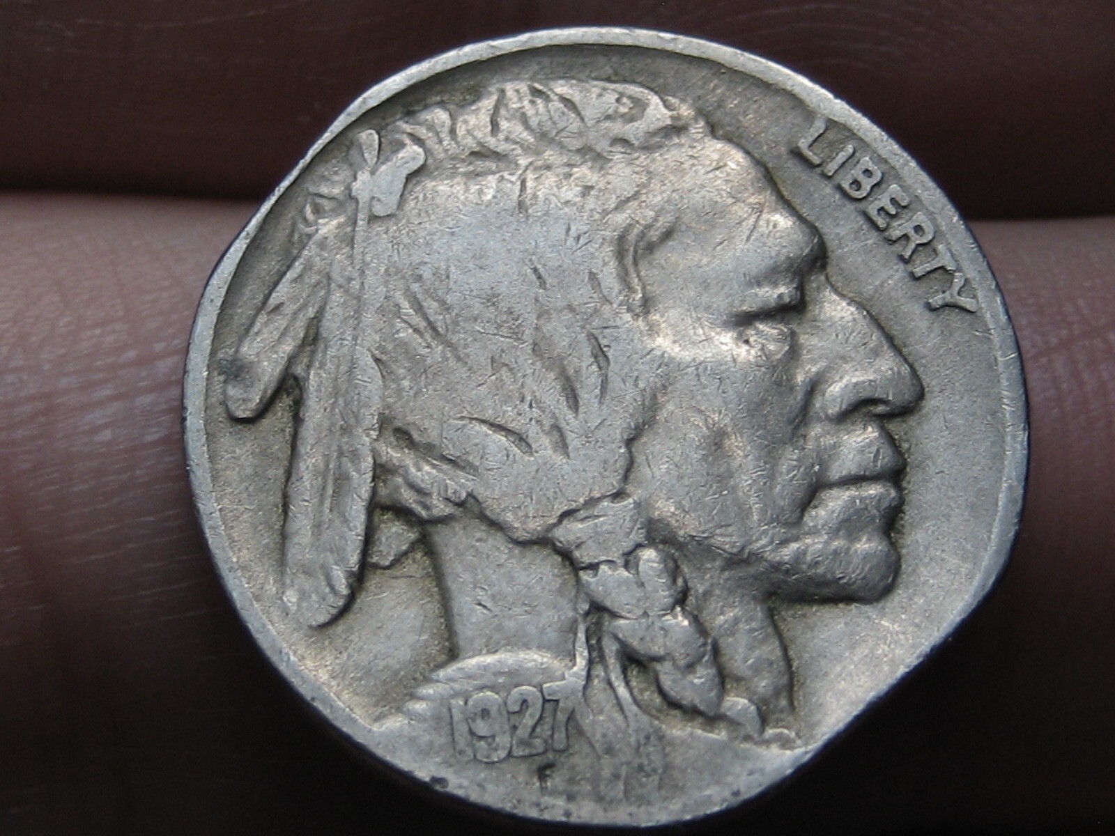 1927 P Buffalo Nickel 5 Cent Piece- Philadelphia, VF Details, Clipped Planchet