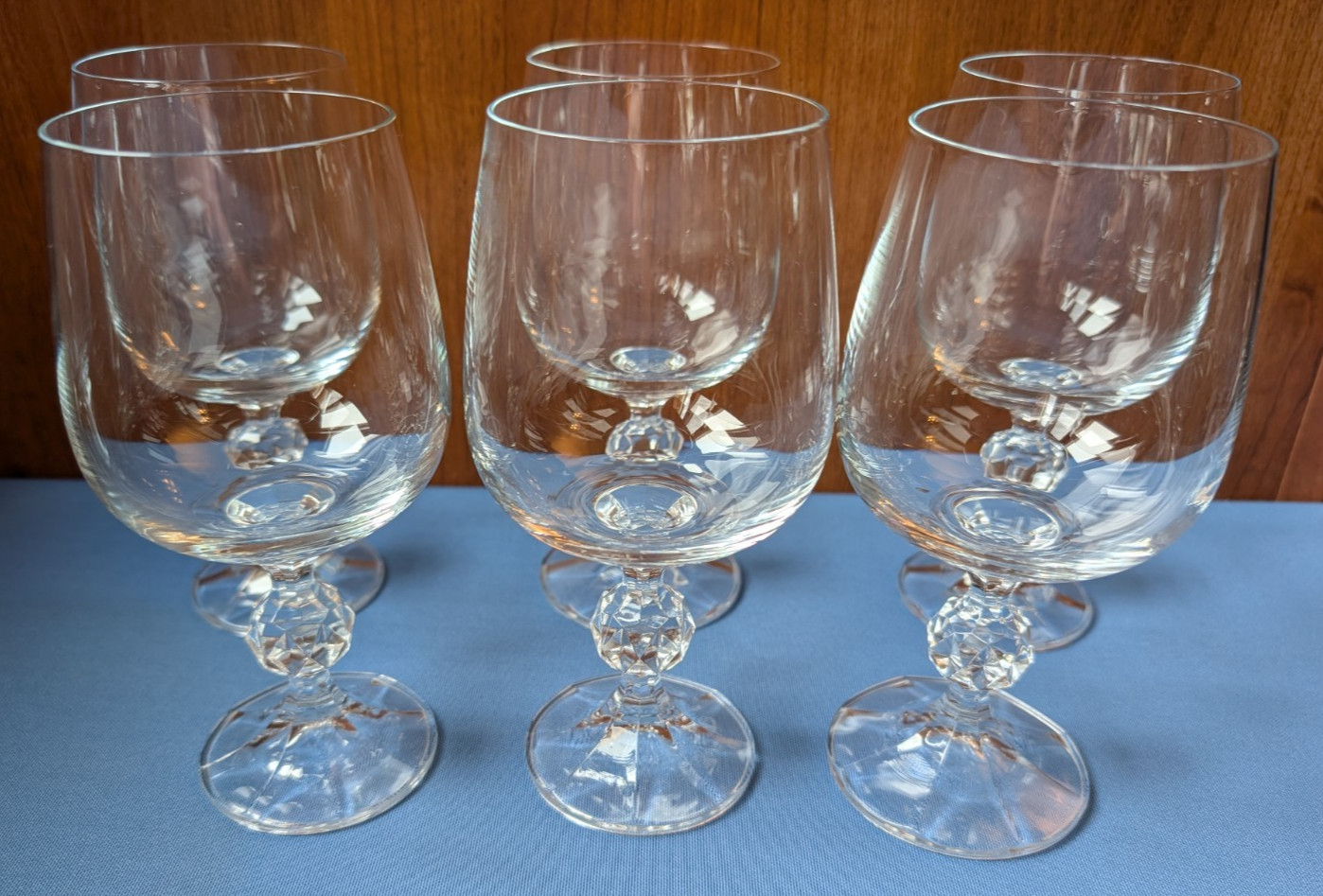 6 Bohemia crystal water goblets CLAUDIA, faceted ball stem, elegant drinkware