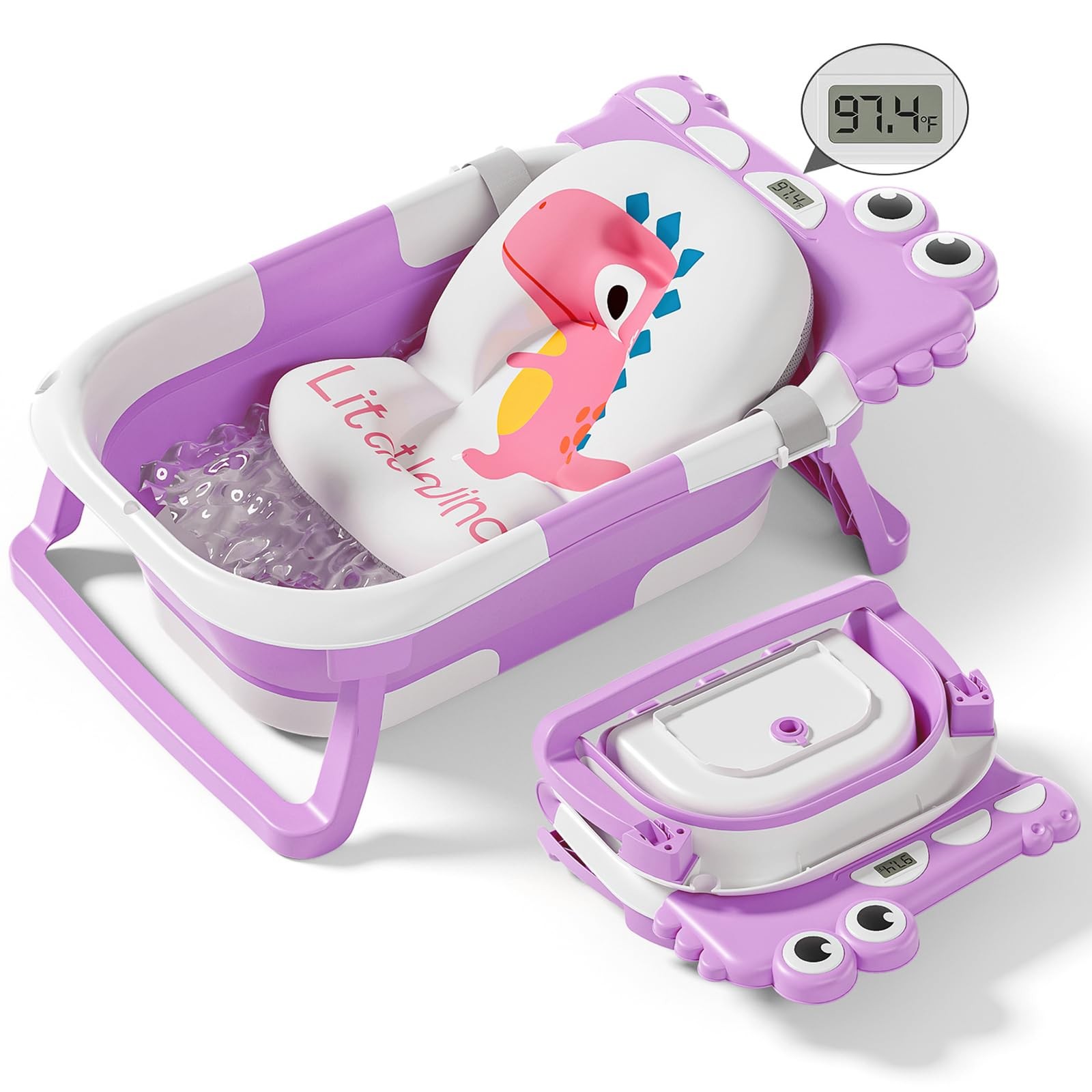 Collapsible Baby Bathtub Foldable w Thermometer Floating Cushion Travel Infant