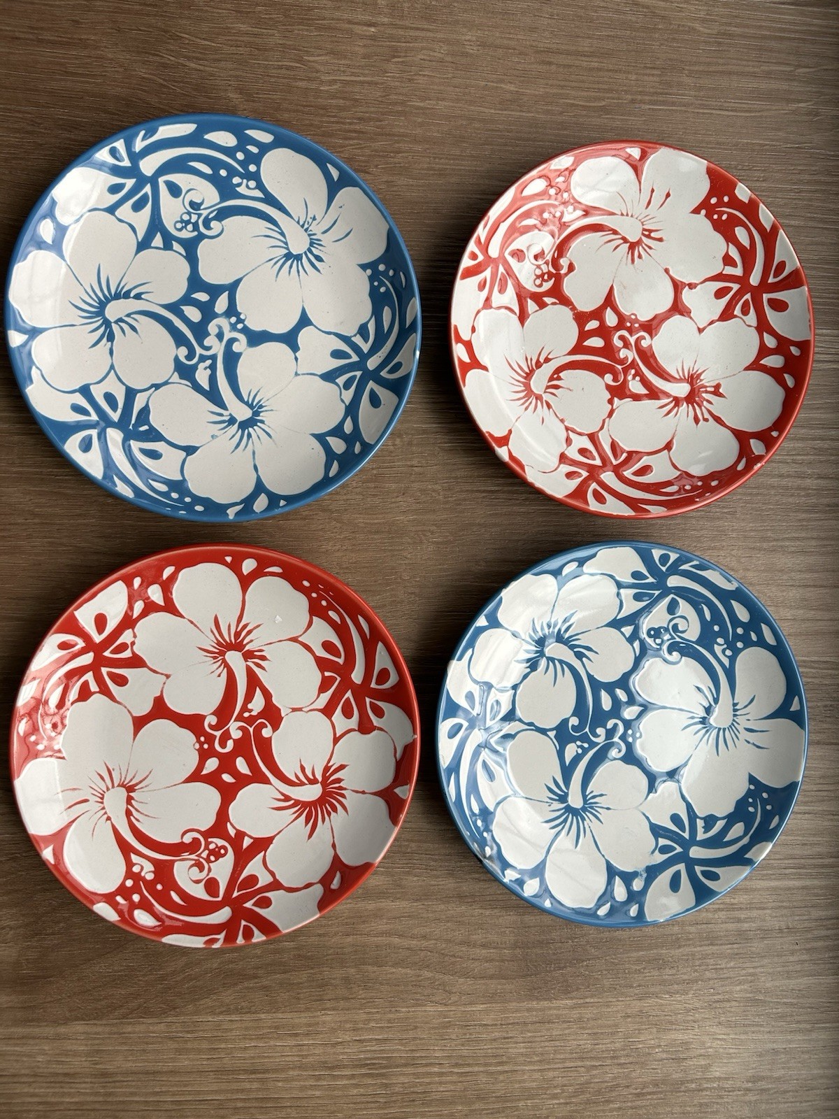 Hibiscus Print Luncheon Plates 6.5 Inch Set of 4 Tropical Floral Ceramic