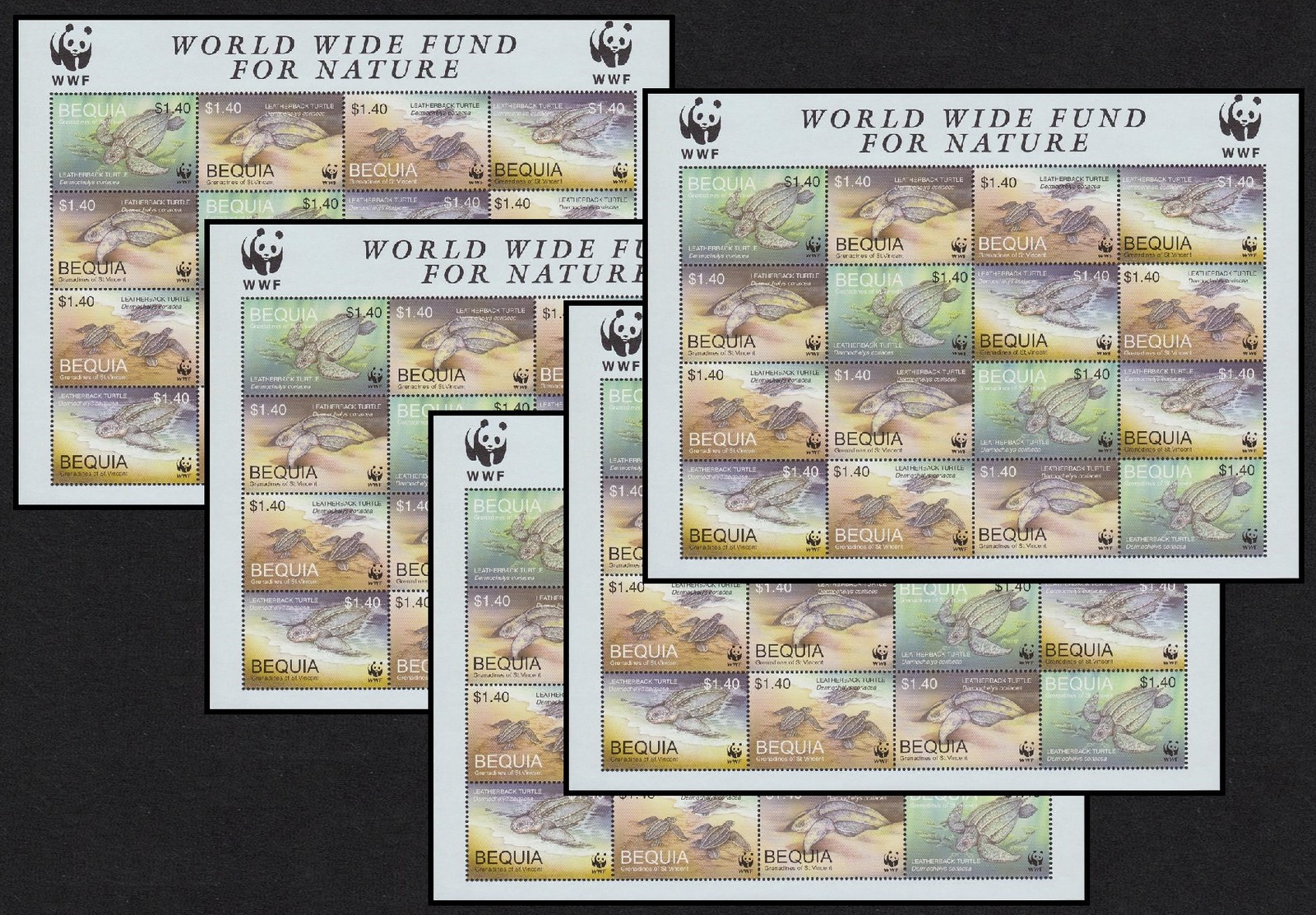 Bequia WWF Leatherback Turtle 5 Sheetlets 2001 MNH MI#306-309 Sc#303 a-d