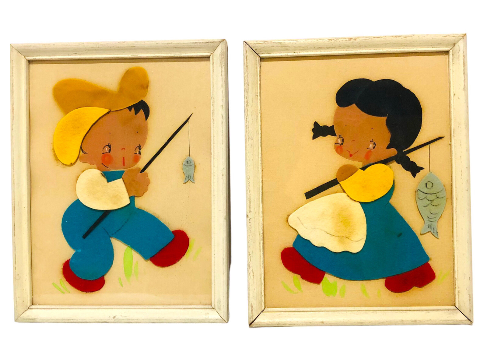 Folk Art Children Fishing Nursery Framed Felt Collage Art Original 1940s Vintage