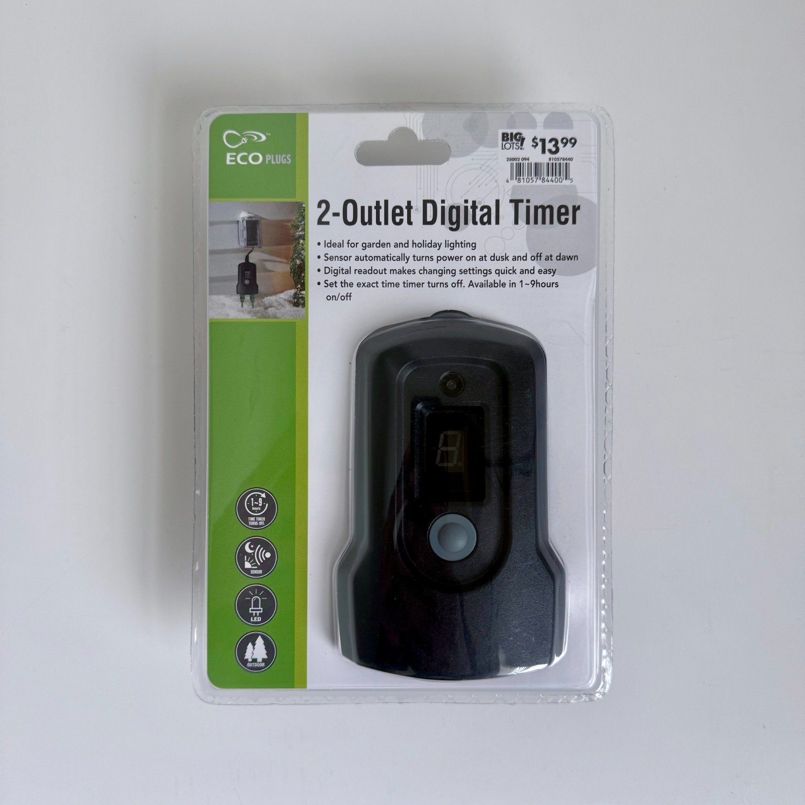 Eco Plugs 2-Outlet Digital Timer - Outdoor Garden/Holiday Light Controller - NEW