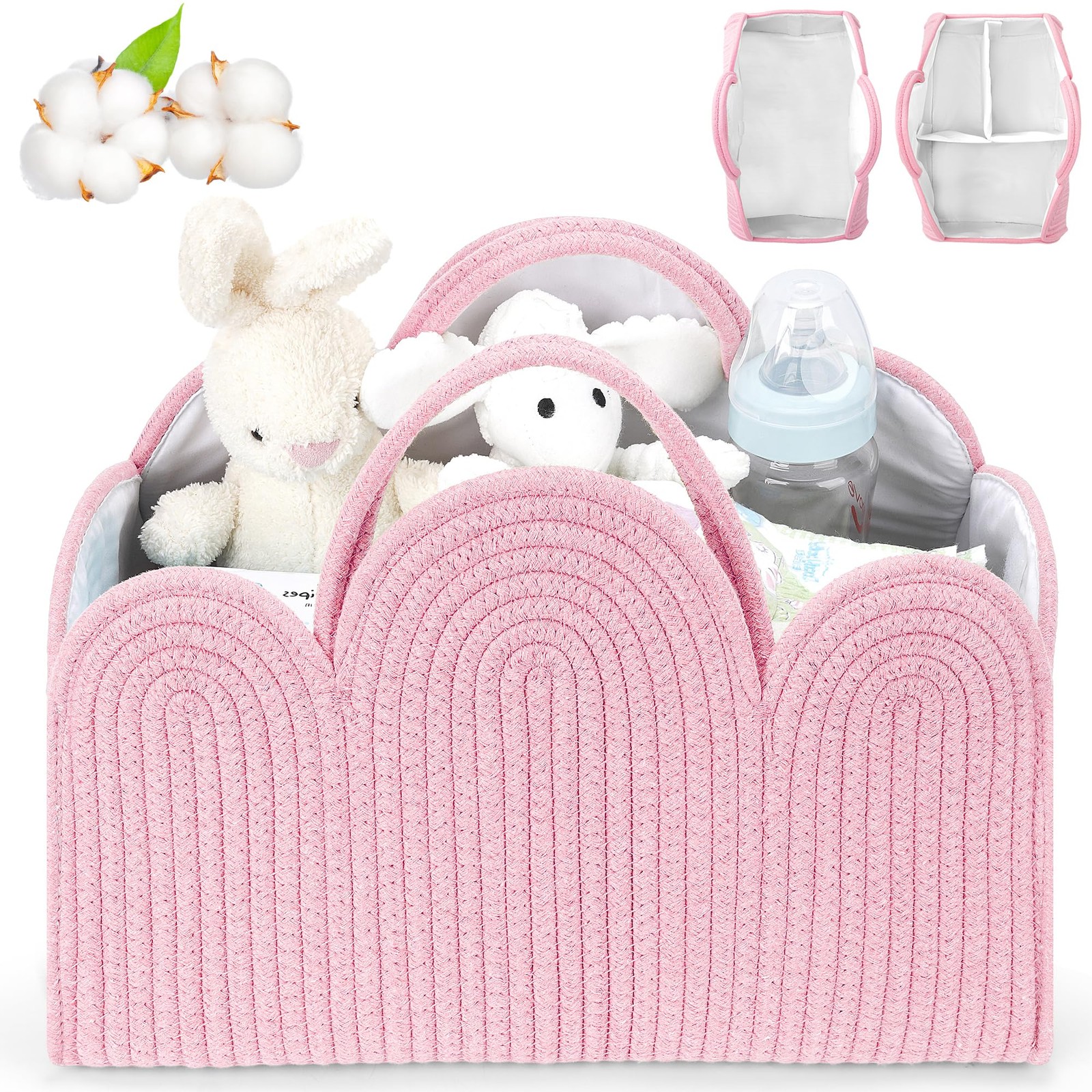 Diaper Basket Organizer - Cotton Pink Diaper Caddy Basket, Removable Diaper S...