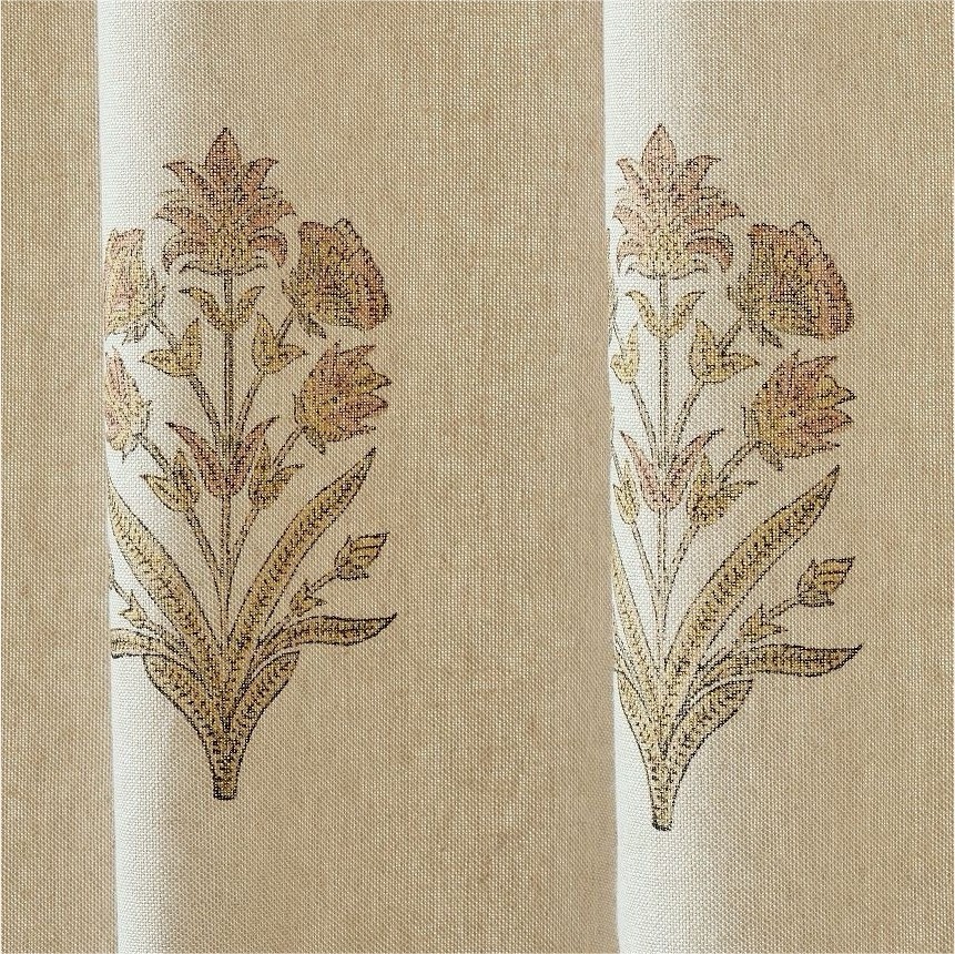 Pottery Barn Linen Floral block print Curtain Panels Rod Pocket Grommet 50 x 96