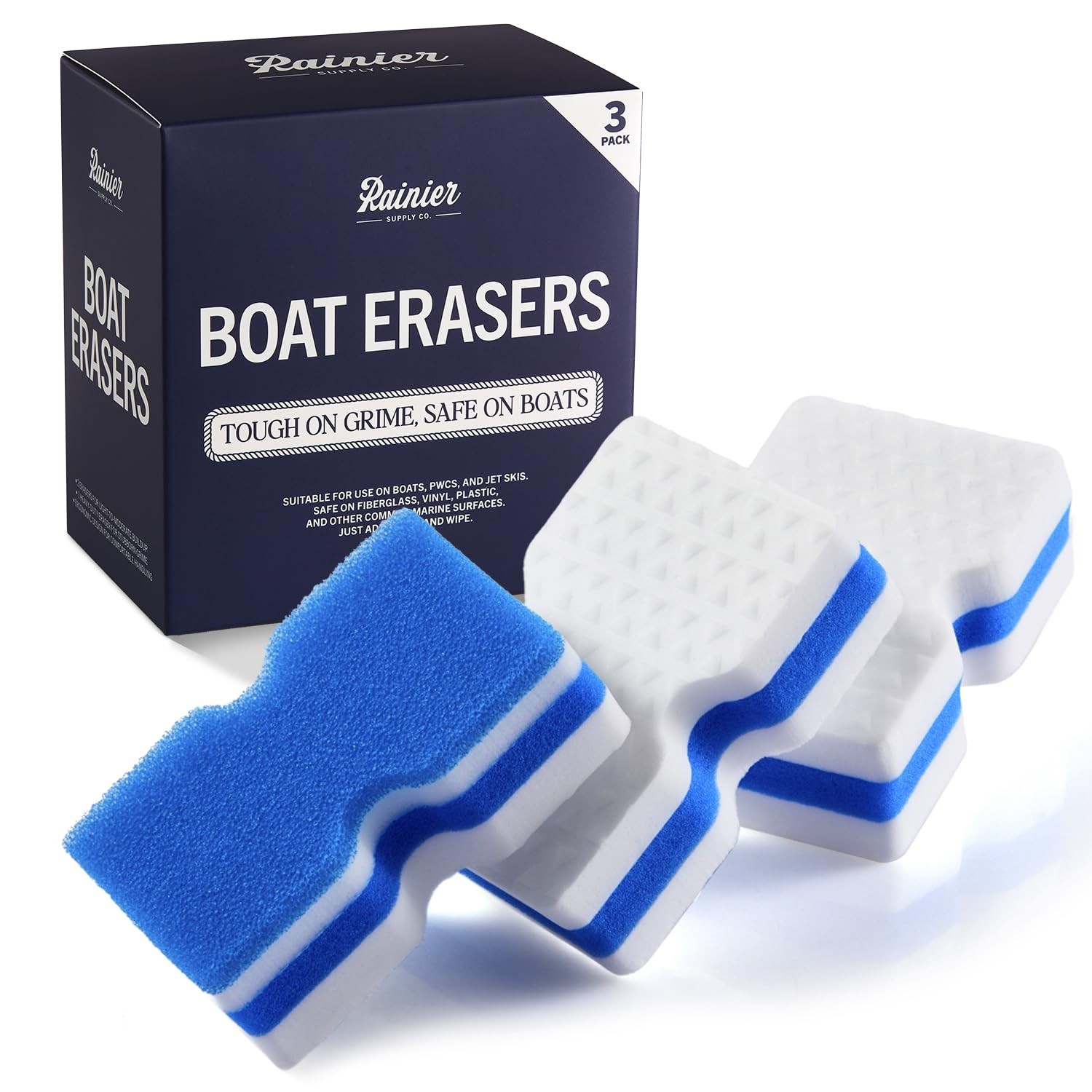 RainierSupplyCo Boat Scuff Eraser - Magic Erasers 3 Pack, White & Blue 
