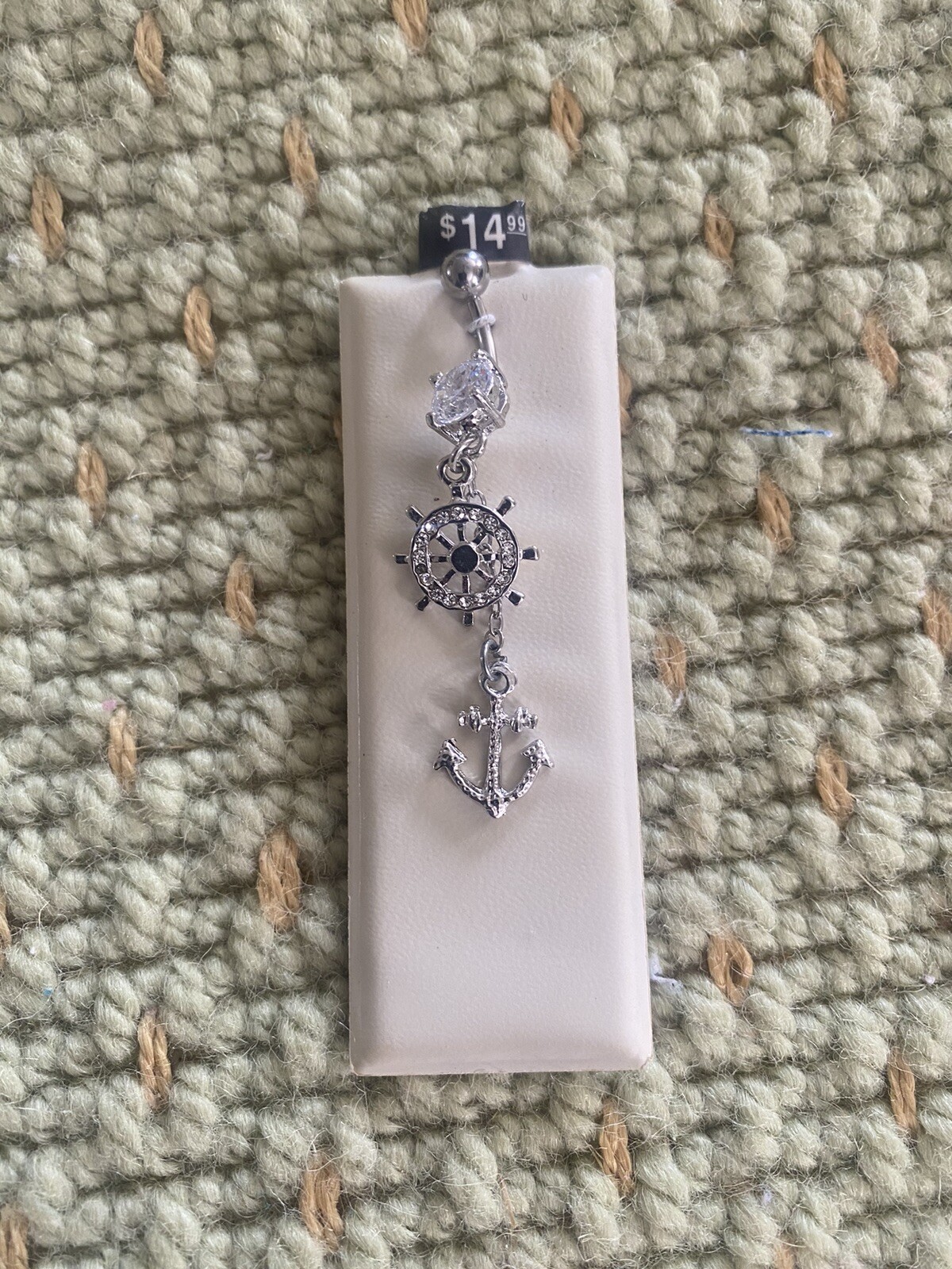 Belly button Ring Nautical CZ Gems Anchor Dangle naval button ring silvertone