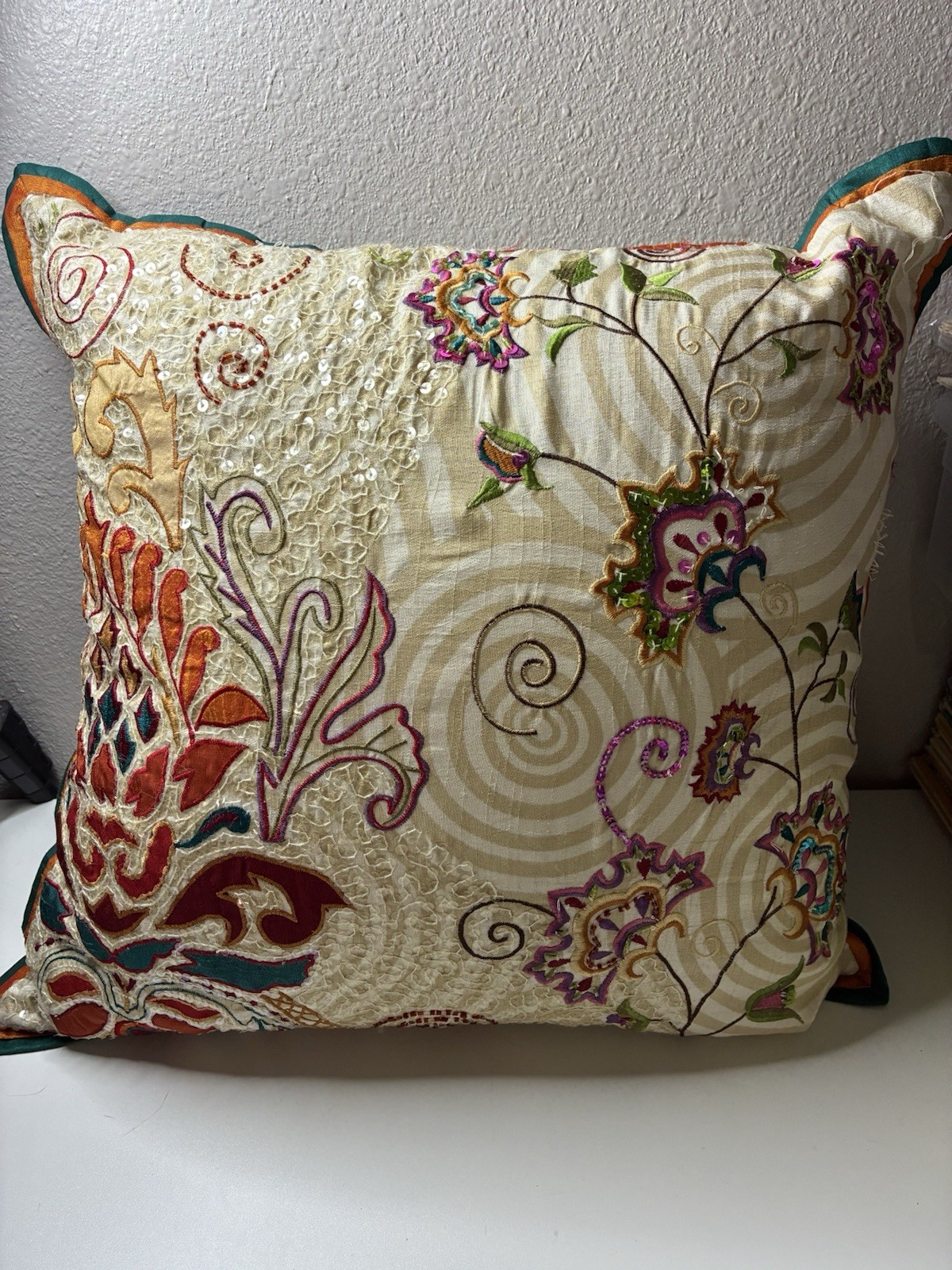 Pier One Embroidered Appliqued Floral Pillow