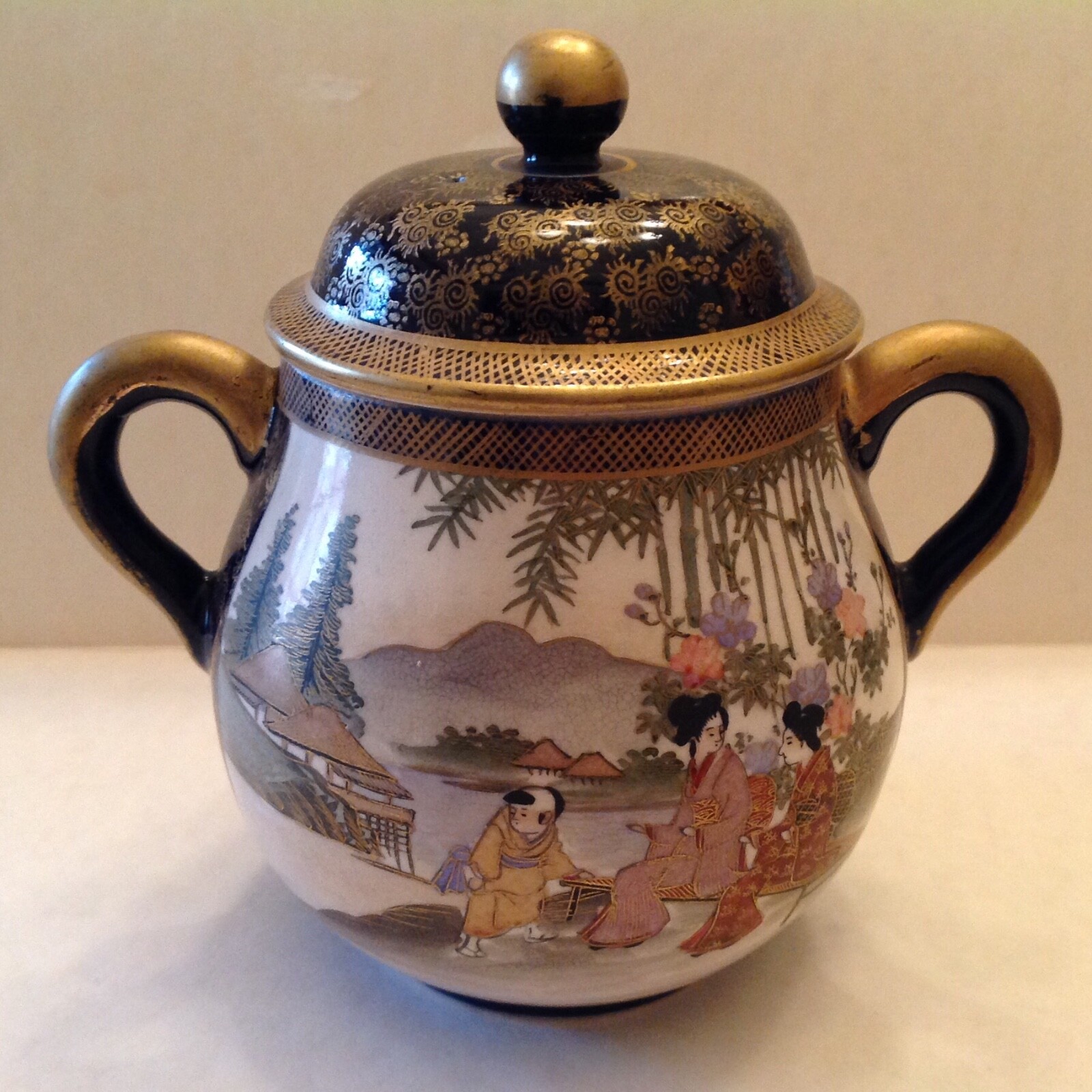 ~ Antique Handpainted Japanese Satsuma Double Handled lidded Bowl