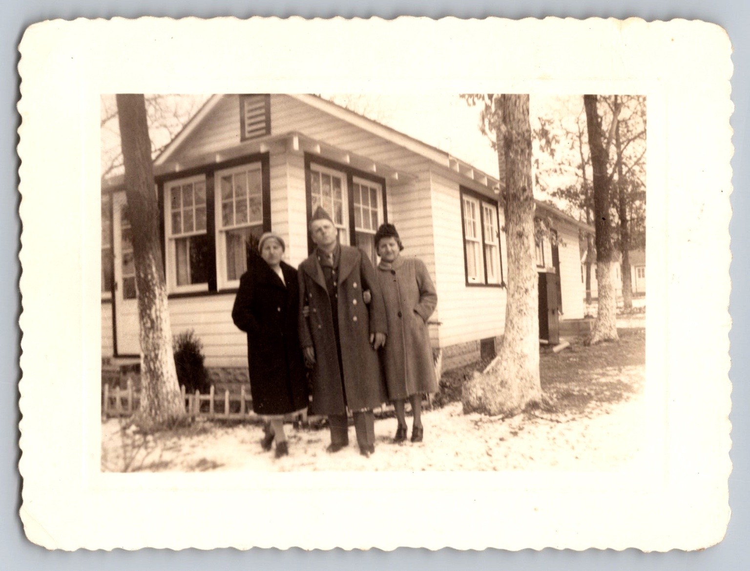 Military Soldier & Women WWII 1940s Snapshot Photograph Outdoor Barracks Uniform