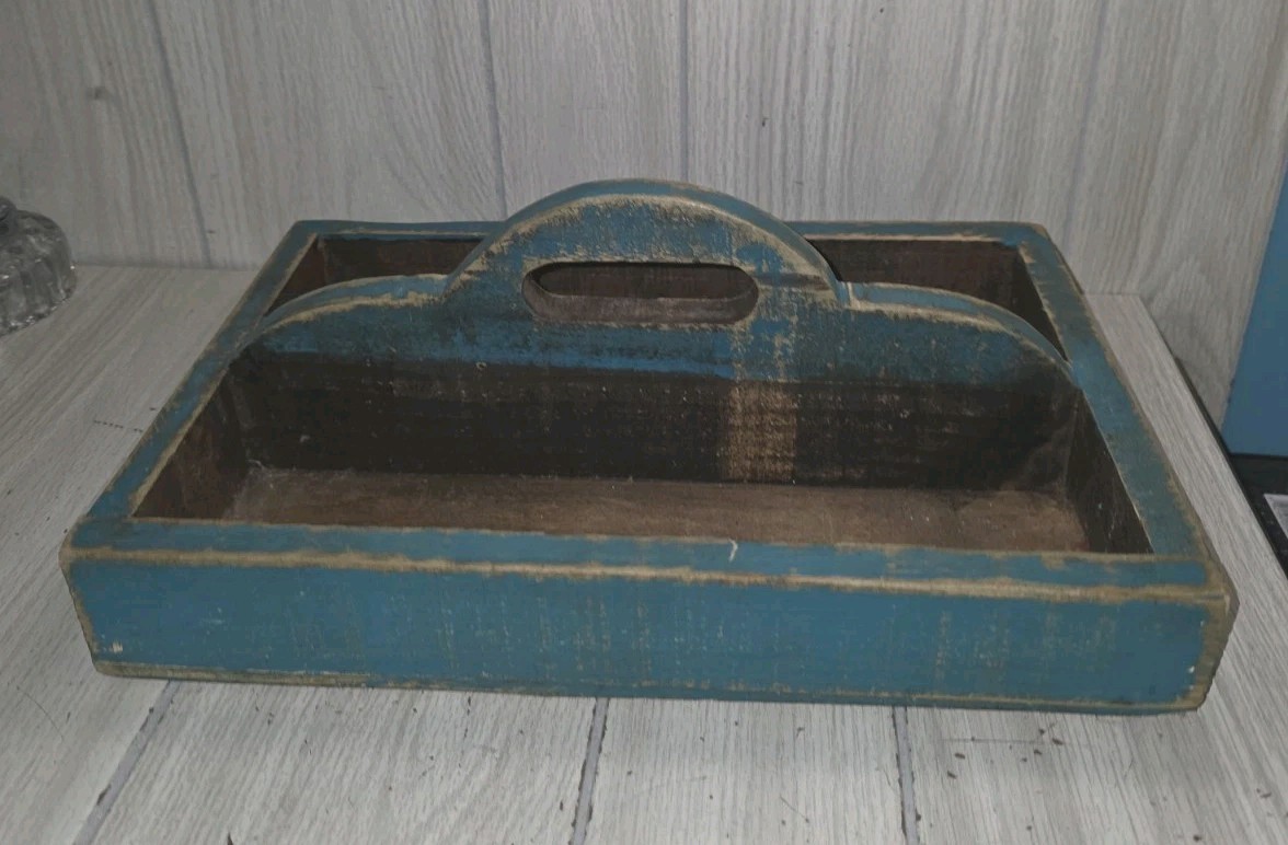 Antique Wooden Cutlery Tray Utensil Caddy Painted Primitive Farmhouse Knife Box