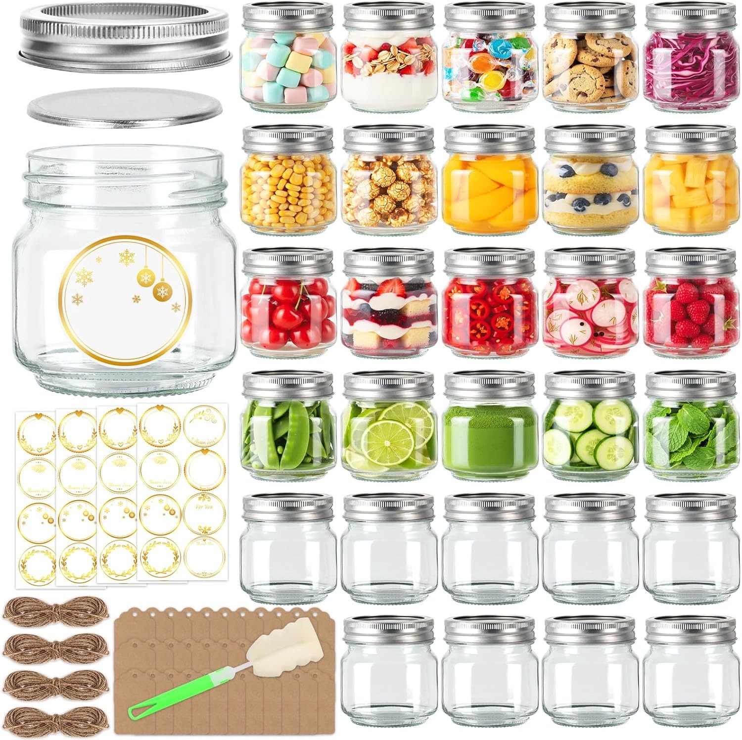 8 oz Glass Mason Jars W/ Airtight Lids & Bands,30 Pack W/ Labels &Tags Half Pint