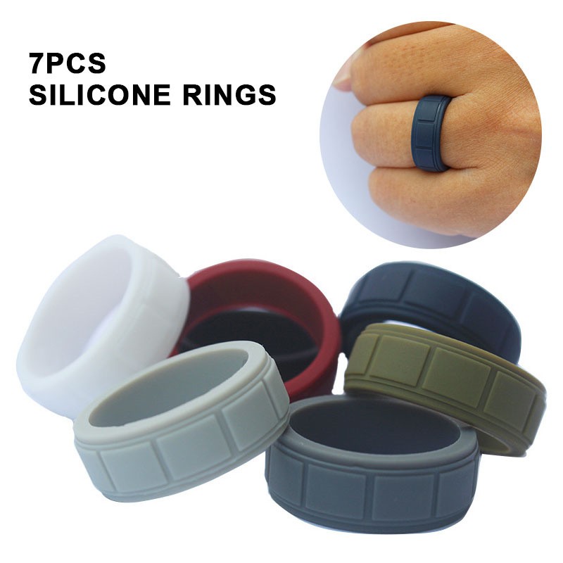 7Pcs Silicone Wedding Ring Men's Flex Fit Sport Rubber Band 8-13# Size Ring