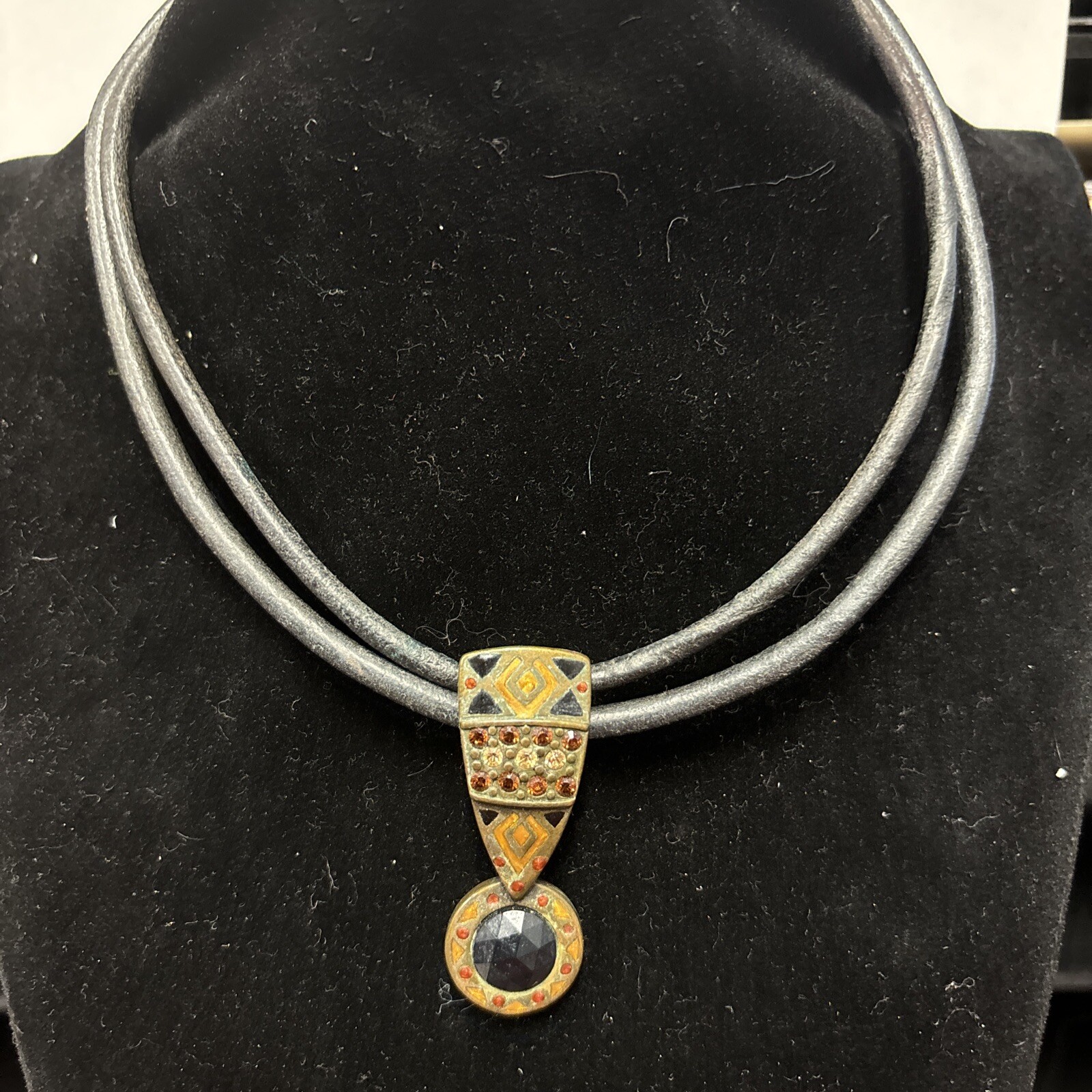 CHICO’S Black Leather Bronze & Rhinestone Drop Pendant Necklace Sign  16-20”Long