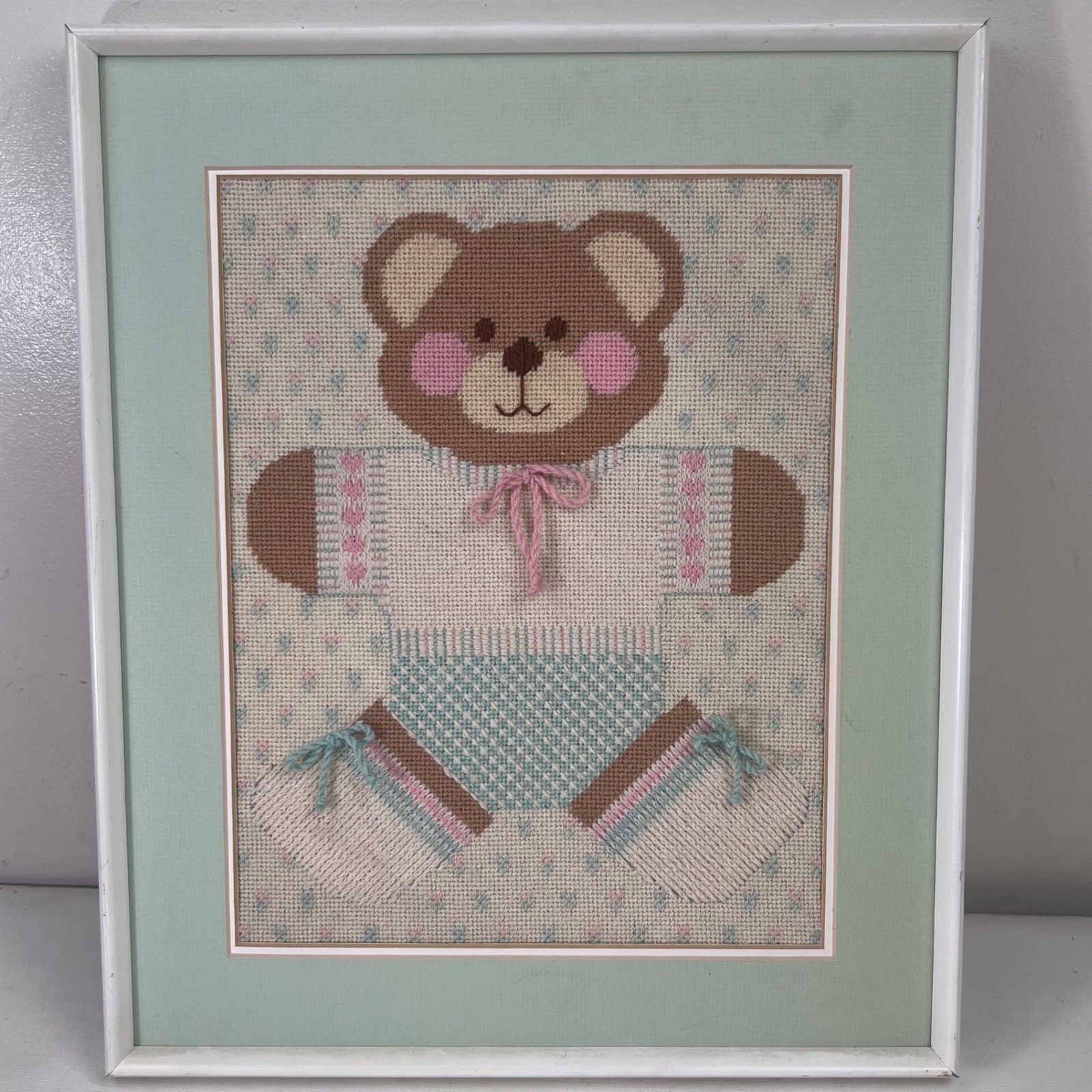Framed Teddy Bear Needlepoint Art Pastel Nursery Decor Baby Room Embroidery