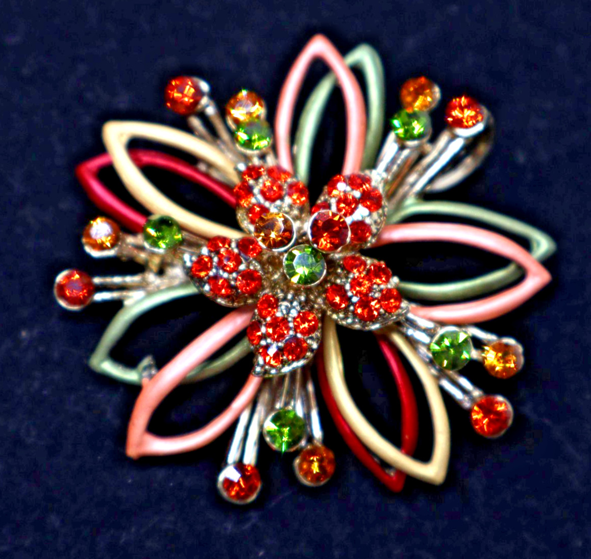 Vintage brooch & pendant 3-D Flower red green rhinestone 2.25" gold tone blossom