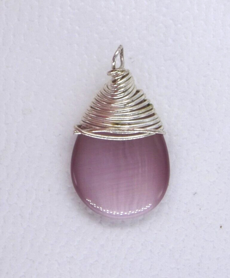 Pink Teardrop Pendant Smooth Natural Stone Silver Tone Wire Wrapped Small