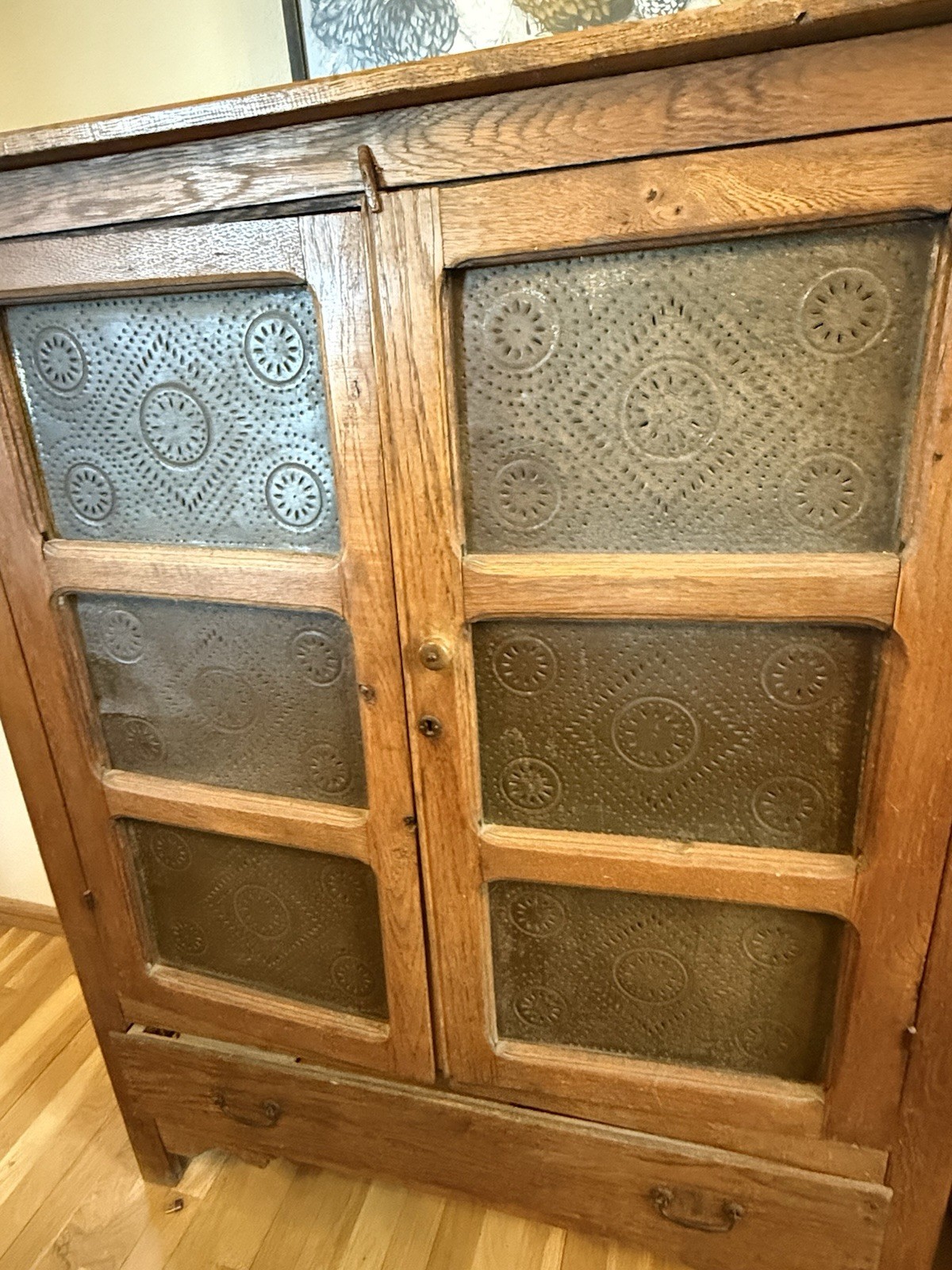 Antique Pie Safe Cabinet Wood Tin Panels 2 Doors 3 Shelves 1 Drawer Brown
