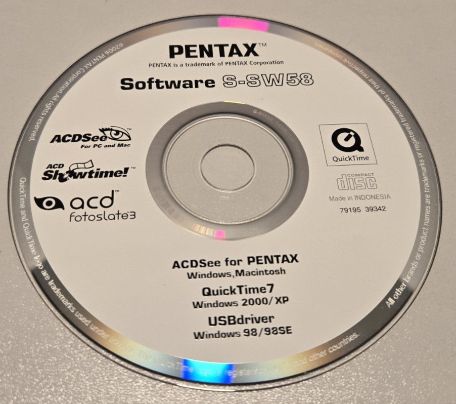 PENTAX Software S-SW58 CD ACDSee for PC & MAC QuickTIme 7 WIN 2000/XP CLEAN DISC
