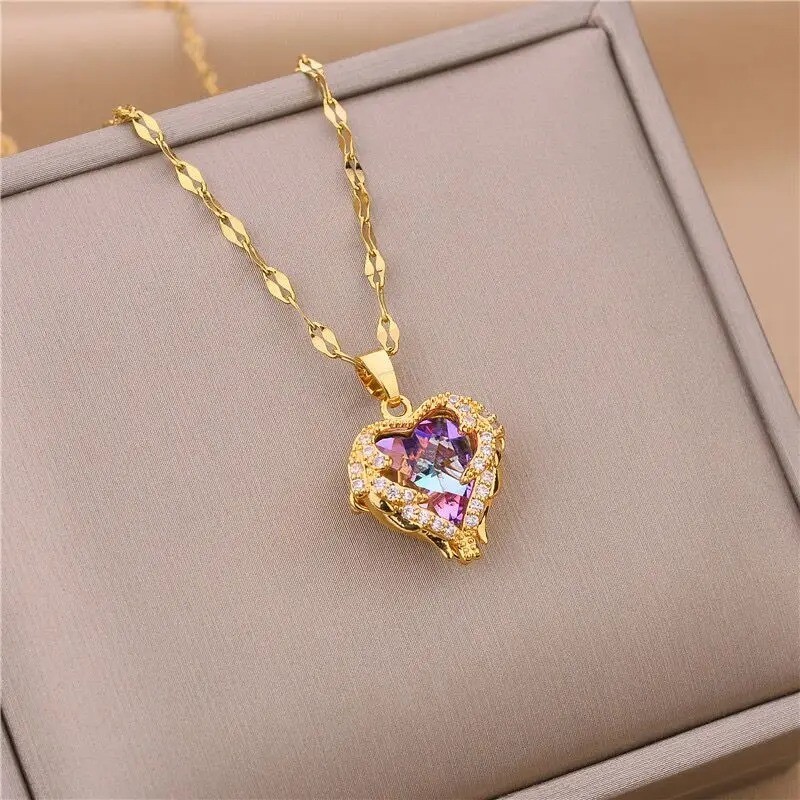 Women’s Colorful Crystal Ocean Heart Pendant Necklace 316L Stainless Steel