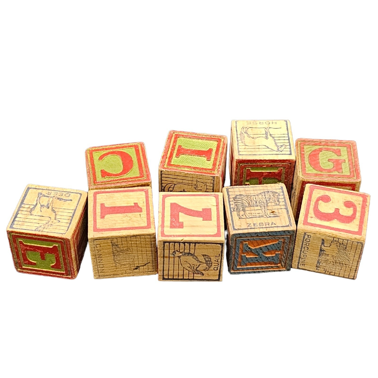 Vintage Lot of 9 Wooden Blocks Square Cubes Letters Animals