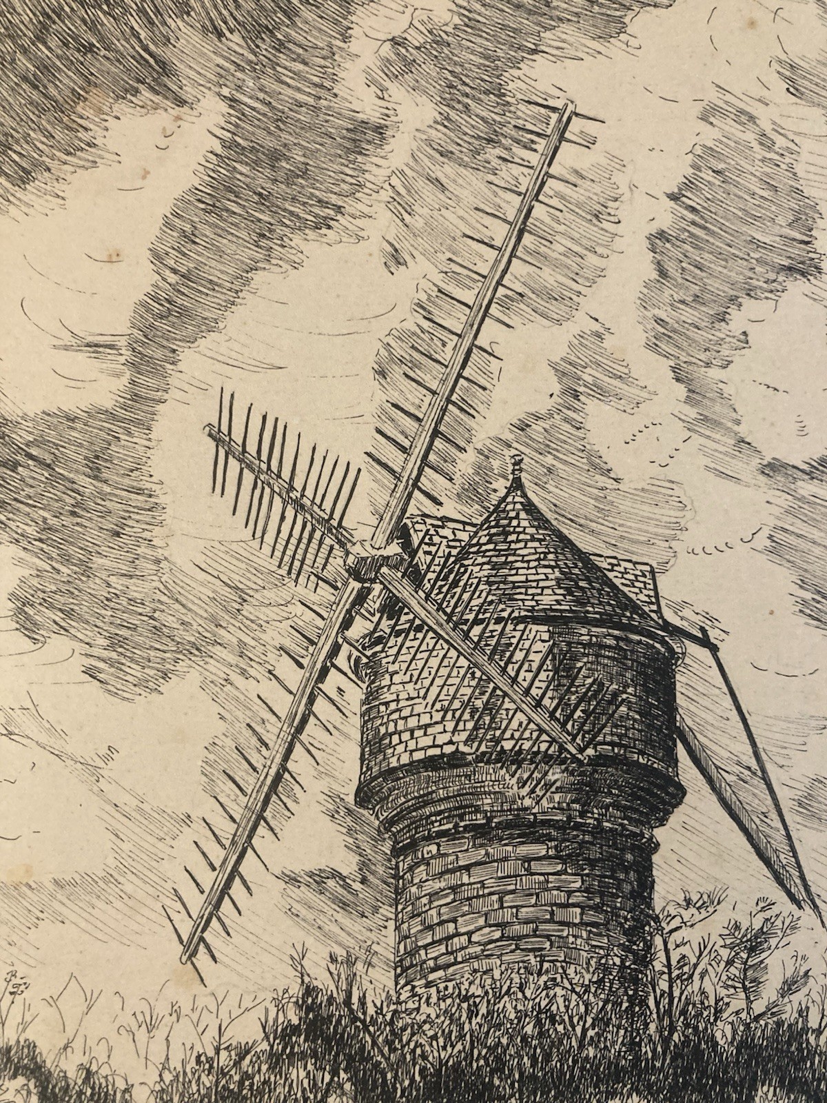 Très Beau Dessin Encre 1950 Lavis Paysage moulin Lauragais Hollande Pierre Art