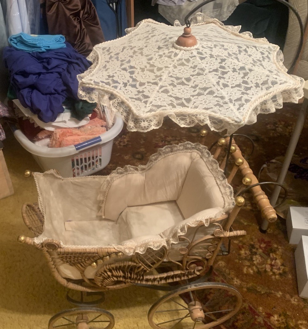 Vintage Victorian Rattan, wood, and metal Doll Pram