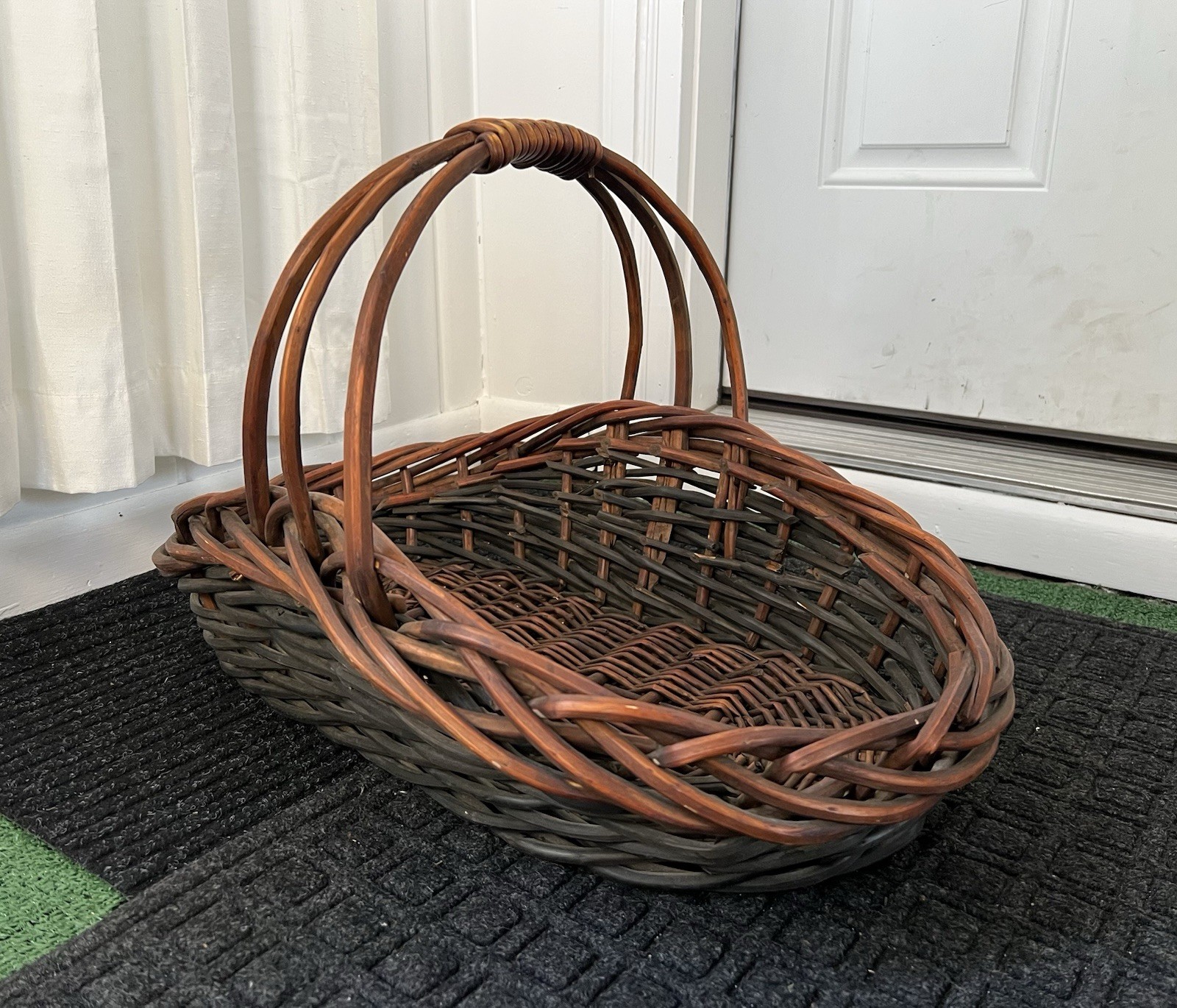 Large Antique Primitive Hand Woven Rattan Gathering Basket Americana Rare