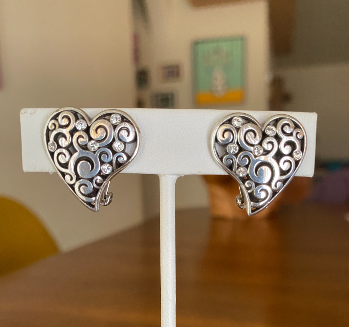 Rare Brighton "Soul Mates" Heart Clip-On Earrings Crystal Accents