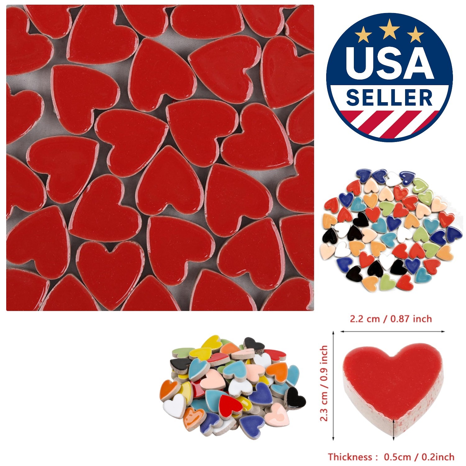 2.2x2.3cm Red Heart Ceramic Mosaics - Versatile Craft Supply, 48pcs Included