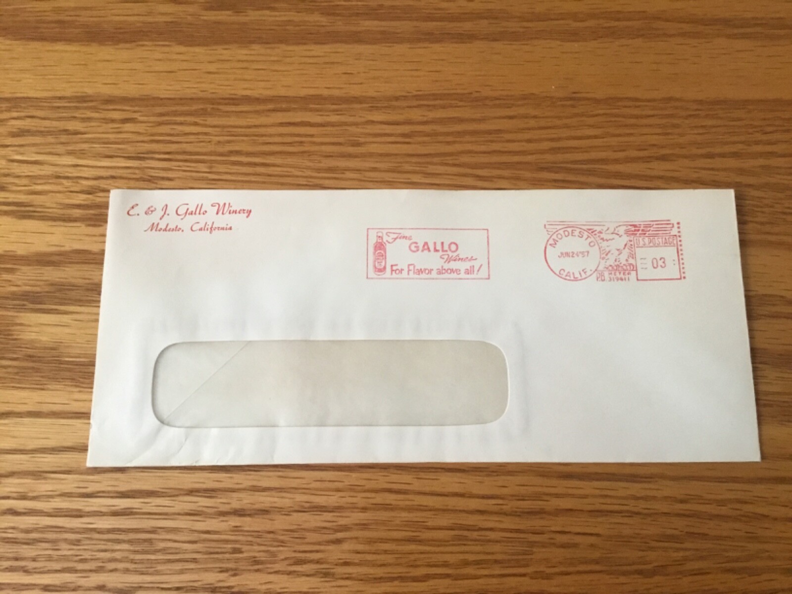 E&J GALLO WINERY MODESTO, CA POSTAGE PAID ENVELOPE JUNE 24, 1957 RIPPLE BOTTLE