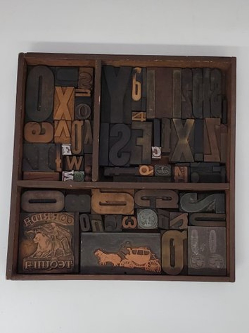 Antique Letterpress Wood & Metal Printer Blocks Collection in Wood Printer Tray