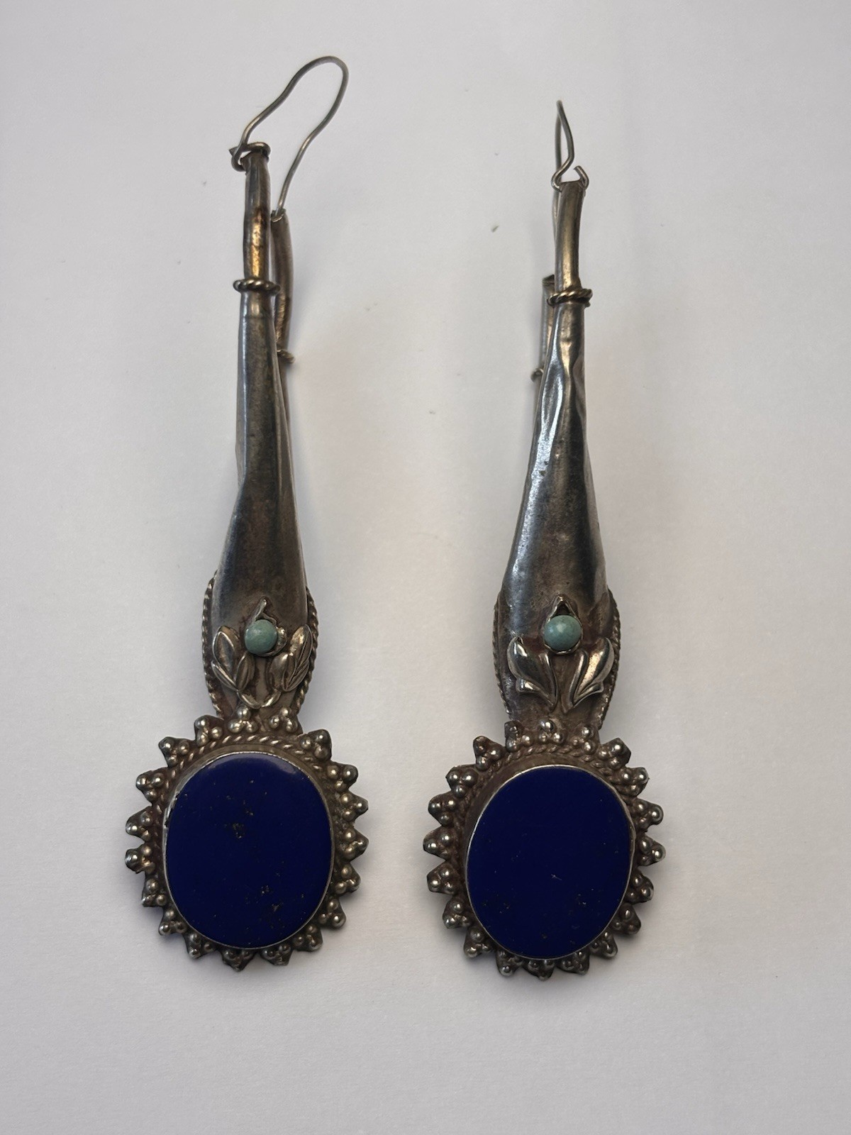 Native American Silver Dangle Earrings Lapis Lazuli Turquoise Hook Handmade