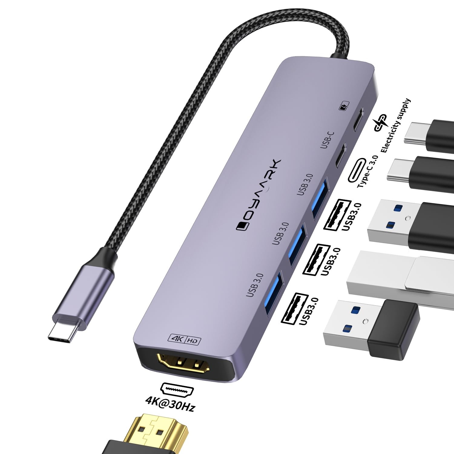 USB C HUB,USB C to 4K30hz HD Multi-Port Adapter,3 3.0 Ports and 1 grey 