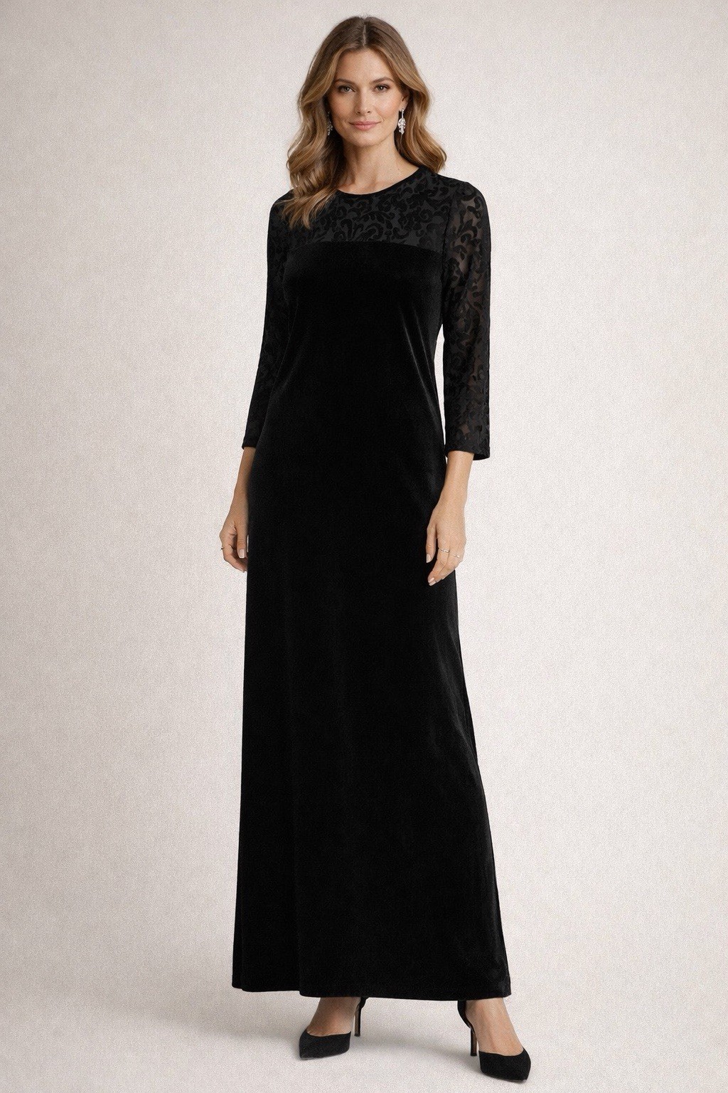 Vintage Diane Von Furstenberg Black Velvet Long Dress Sheer Sleeve Medium Sheath