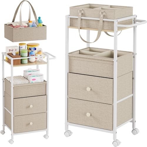 Baby Diaper Caddy Organizer Cart with Drawers - 3In1 Rolling Storage Off White