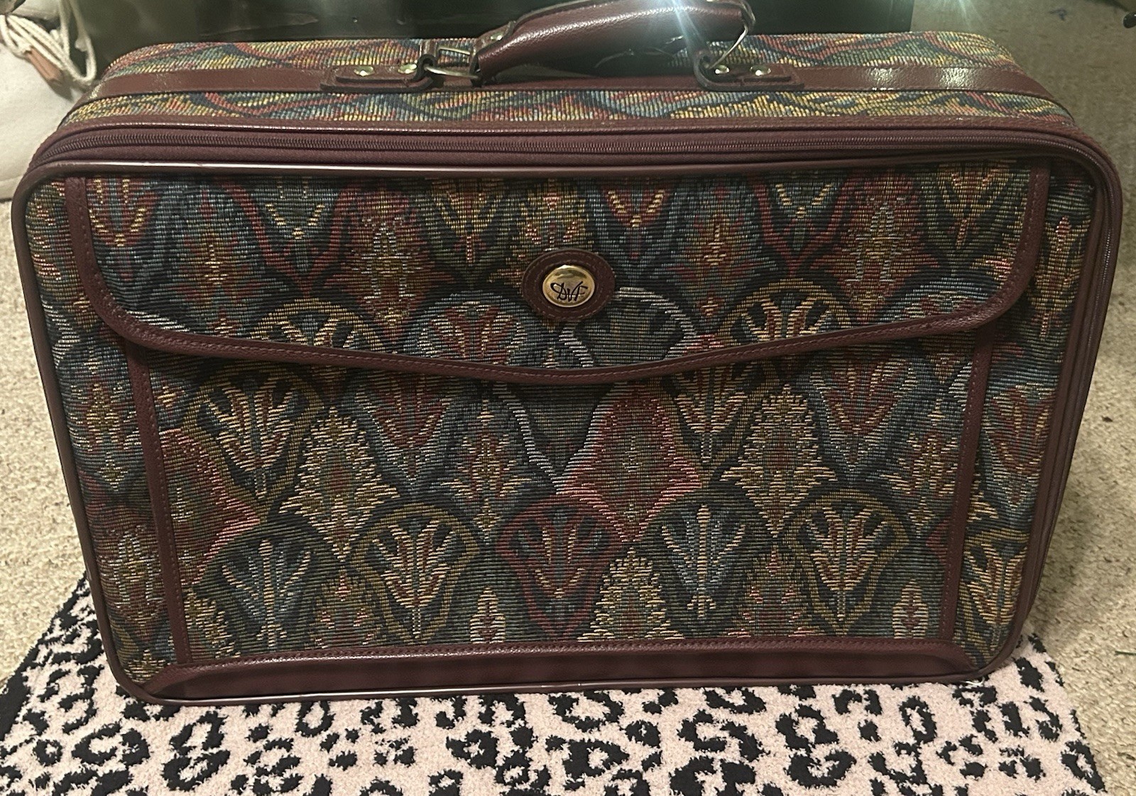 Vintage Tapestry Jacquard Suitcase w/ Maroon Leather Trim – Mid Century Luggage